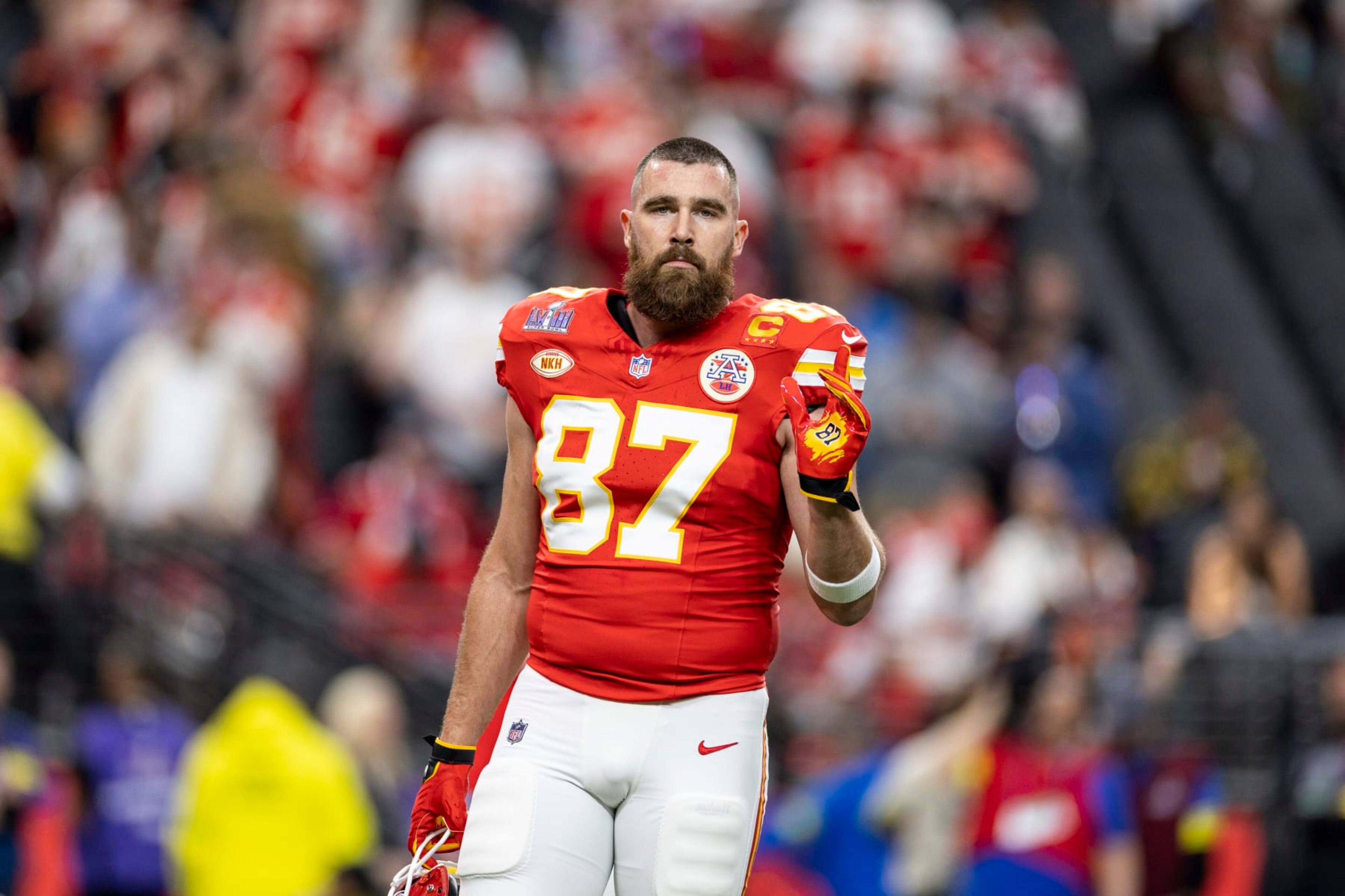 LAS VEGAS, NEVADA - FEBRUARY 11: Travis Kelce #87 of the Kansas City Chiefs reacts as he signals prior to the NFL Super Bowl 58 football game between the San Francisco 49ers and the Kansas City Chiefs at Allegiant Stadium on February 11, 2024 in Las Vegas, Nevada. (Photo by Michael Owens/Getty Images) LAS VEGAS, NEVADA - FEBRUARY 11: Travis Kelce #87 of the Kansas City Chiefs reacts as he signals prior to the NFL Super Bowl 58 football game between the San Francisco 49ers and the Kansas City Chiefs at Allegiant Stadium on February 11, 2024 in Las Vegas, Nevada. (Photo by Michael Owens/Getty Images)
