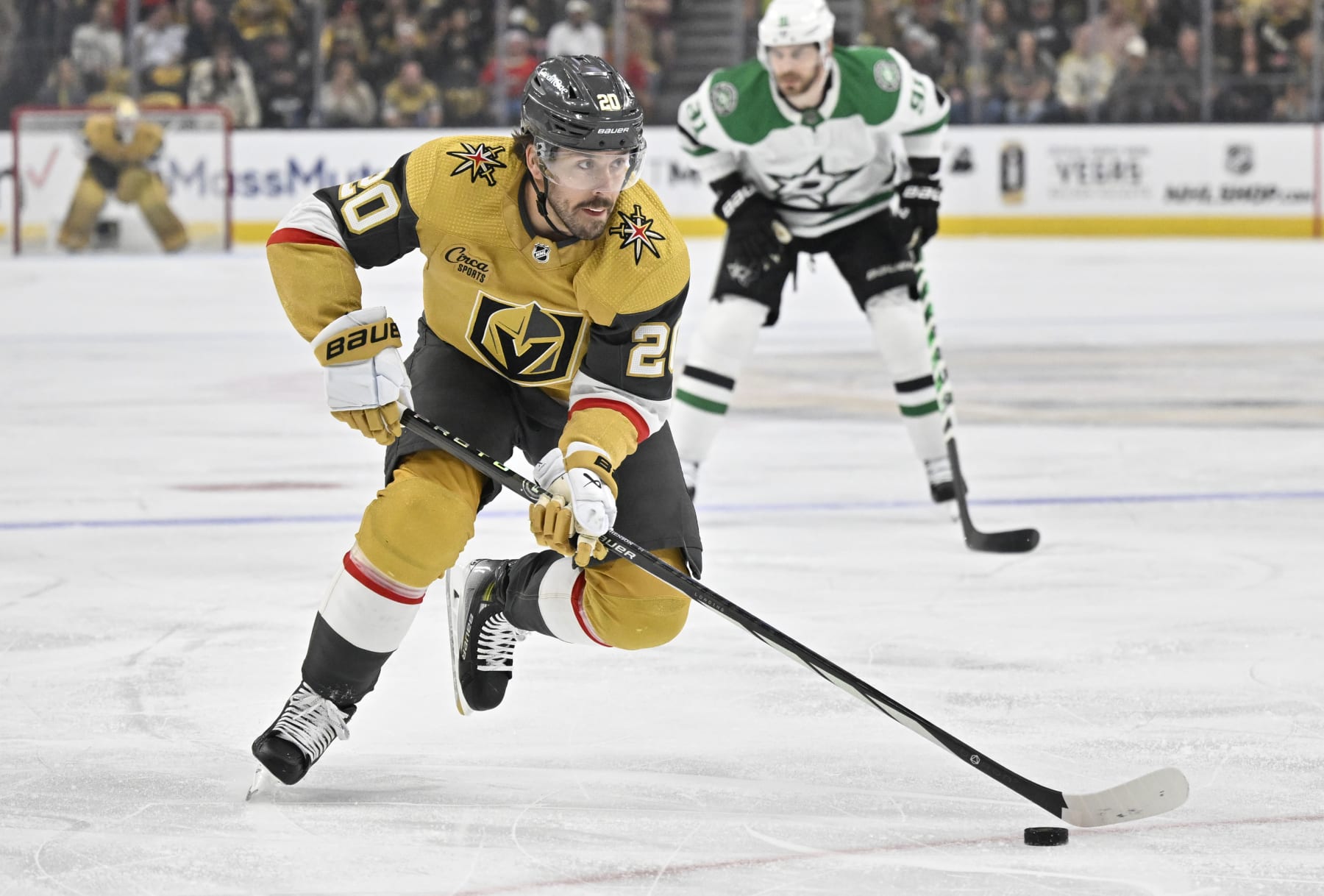 LAS VEGAS, NEVADA - APRIL 29: Chandler Stephenson #20 of the Vegas Golden Knights skates during the first period against the Dallas Stars in Game Four of the First Round of the 2024 Stanley Cup Playoffs at T-Mobile Arena on April 29, 2024 in Las Vegas, Nevada. (Photo by David Becker/NHLI via Getty Images)
