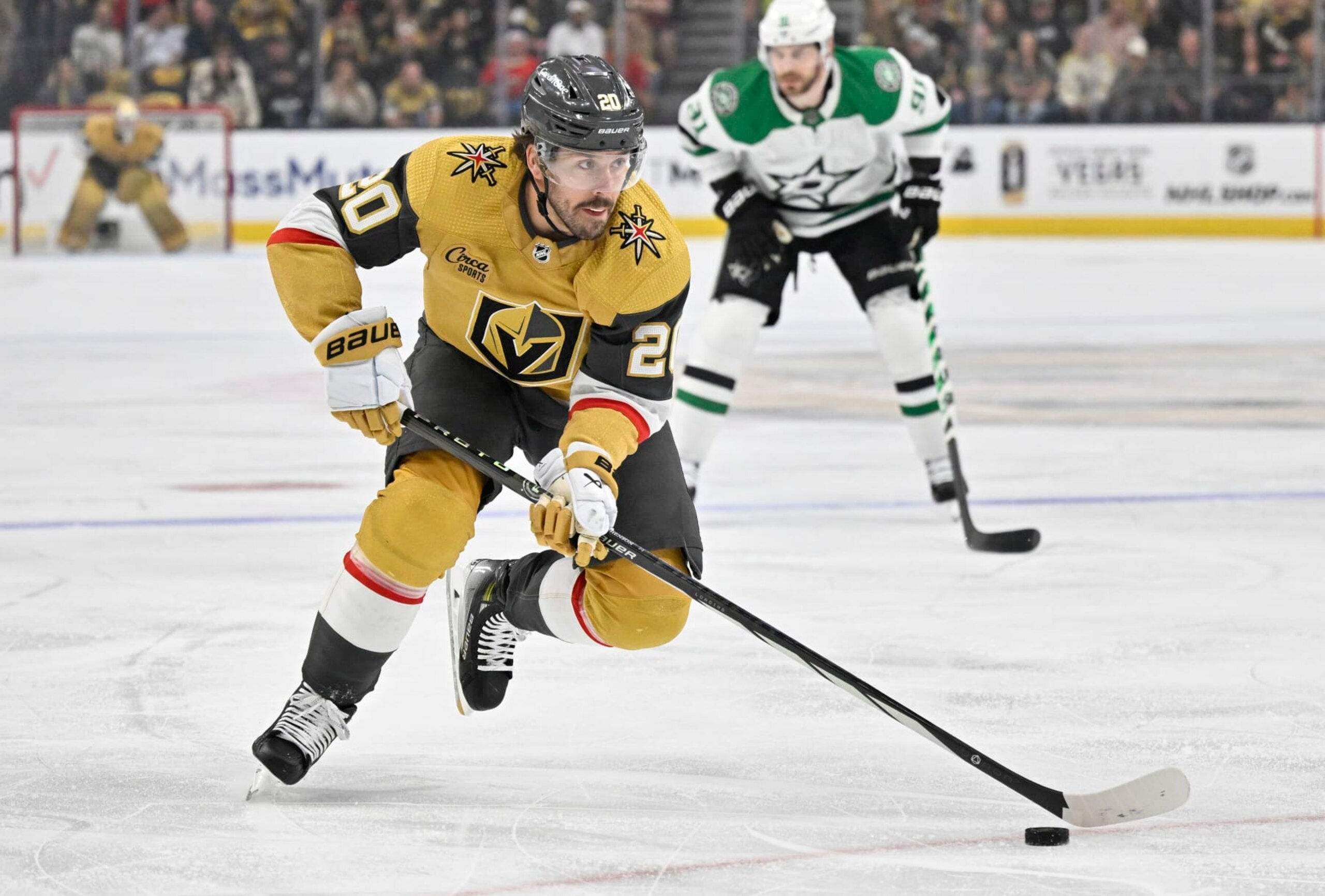 LAS VEGAS, NEVADA - APRIL 29: Chandler Stephenson #20 of the Vegas Golden Knights skates during the first period against the Dallas Stars in Game Four of the First Round of the 2024 Stanley Cup Playoffs at T-Mobile Arena on April 29, 2024 in Las Vegas, Nevada. (Photo by David Becker/NHLI via Getty Images)