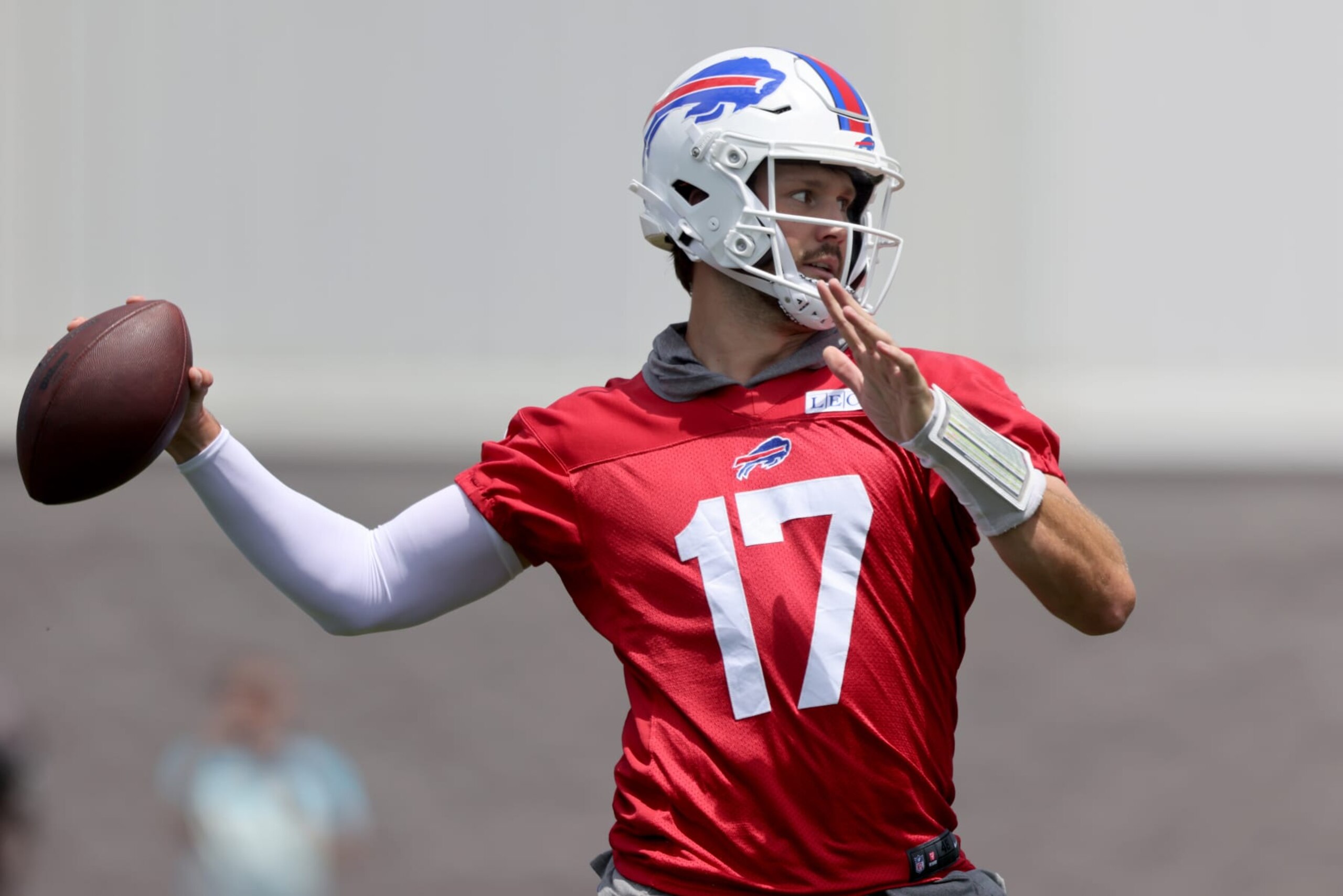 ORCHARD PARK, NEW YORK - JUNE 12: Josh Allen #17 of the Buffalo Bills passes during the Buffalo Bills mandatory minicamp on June 12, 2024 in Orchard Park, New York. (Photo by Bryan Bennett/Getty Images) ORCHARD PARK, NEW YORK - JUNE 12: Josh Allen #17 of the Buffalo Bills passes during the Buffalo Bills mandatory minicamp on June 12, 2024 in Orchard Park, New York. (Photo by Bryan Bennett/Getty Images)