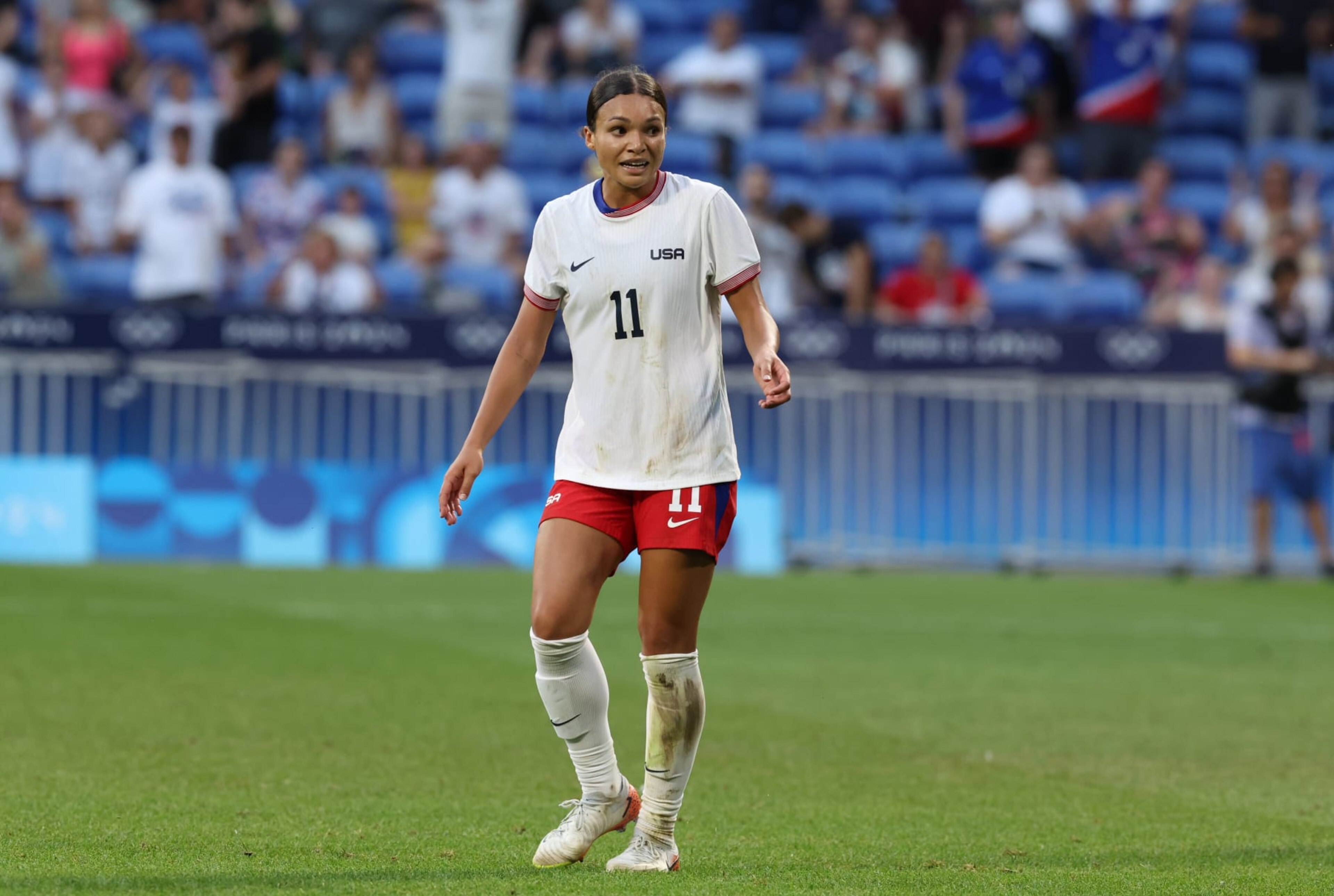 LYON, FRANCE - AUGUST 06: Sophia Smith of Team United States in action during of the Women's semifinal match between United States of America and Germany during the Olympic Games Paris 2024 at Stade de Lyon on August 06, 2024 in Lyon, France. (Photo by Claudio Villa/Getty Images)