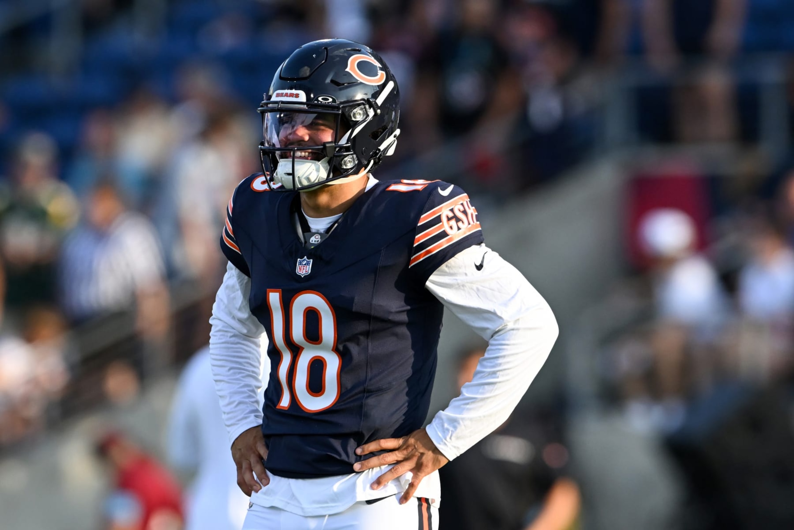 CANTON, OHIO - AUGUST 01: Caleb Williams #18 of the Chicago Bears looks on prior to the 2024 Pro Football Hall of Fame Game against the Houston Texans at Tom Benson Hall Of Fame Stadium on August 01, 2024 in Canton, Ohio. (Photo by Nick Cammett/Getty Images)