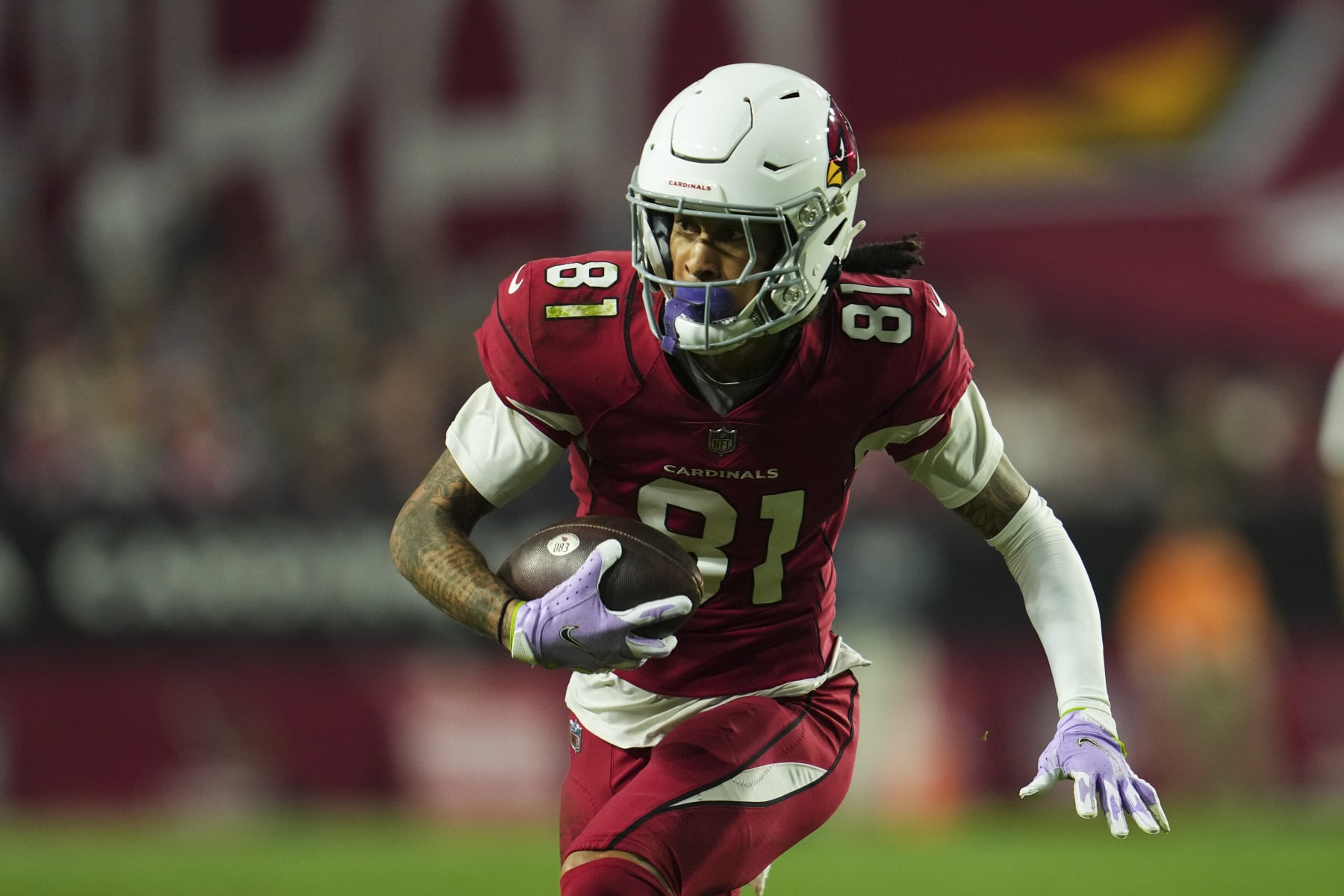 GLENDALE, AZ - DECEMBER 12: Robbie Anderson #81 of the Arizona Cardinals runs the ball against the New England Patriots at State Farm Stadium on December 12, 2022 in Glendale, Arizona. (Photo by Cooper Neill/Getty Images)