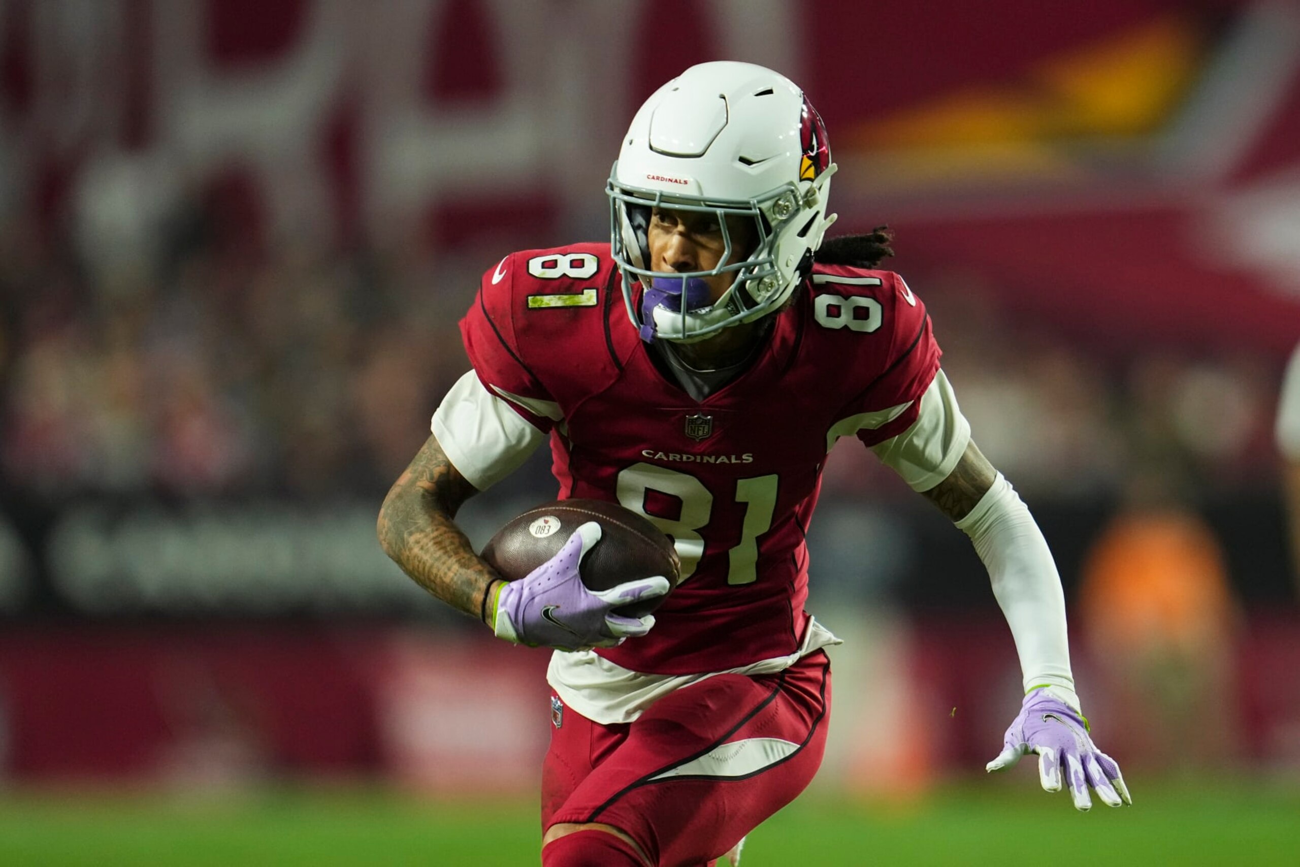 GLENDALE, AZ - DECEMBER 12: Robbie Anderson #81 of the Arizona Cardinals runs the ball against the New England Patriots at State Farm Stadium on December 12, 2022 in Glendale, Arizona. (Photo by Cooper Neill/Getty Images) GLENDALE, AZ - DECEMBER 12: Robbie Anderson #81 of the Arizona Cardinals runs the ball against the New England Patriots at State Farm Stadium on December 12, 2022 in Glendale, Arizona. (Photo by Cooper Neill/Getty Images)