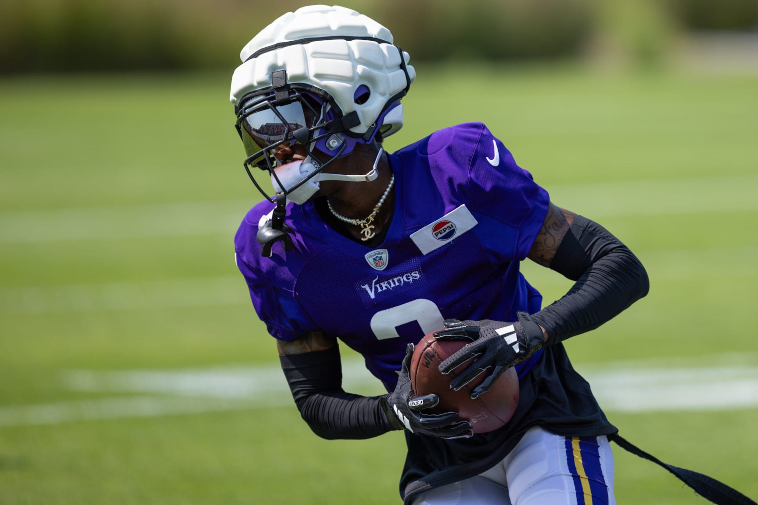 EAGAN, MN - AUGUST 03: Minnesota Vikings wide receiver Jordan Addison (3) runs a drill during Minnesota Vikings Training Camp at TCO Performance Center on August 3, 2024 in Eagan, Minnesota. (Photo by Bailey Hillesheim/Icon Sportswire via Getty Images via Getty Images)