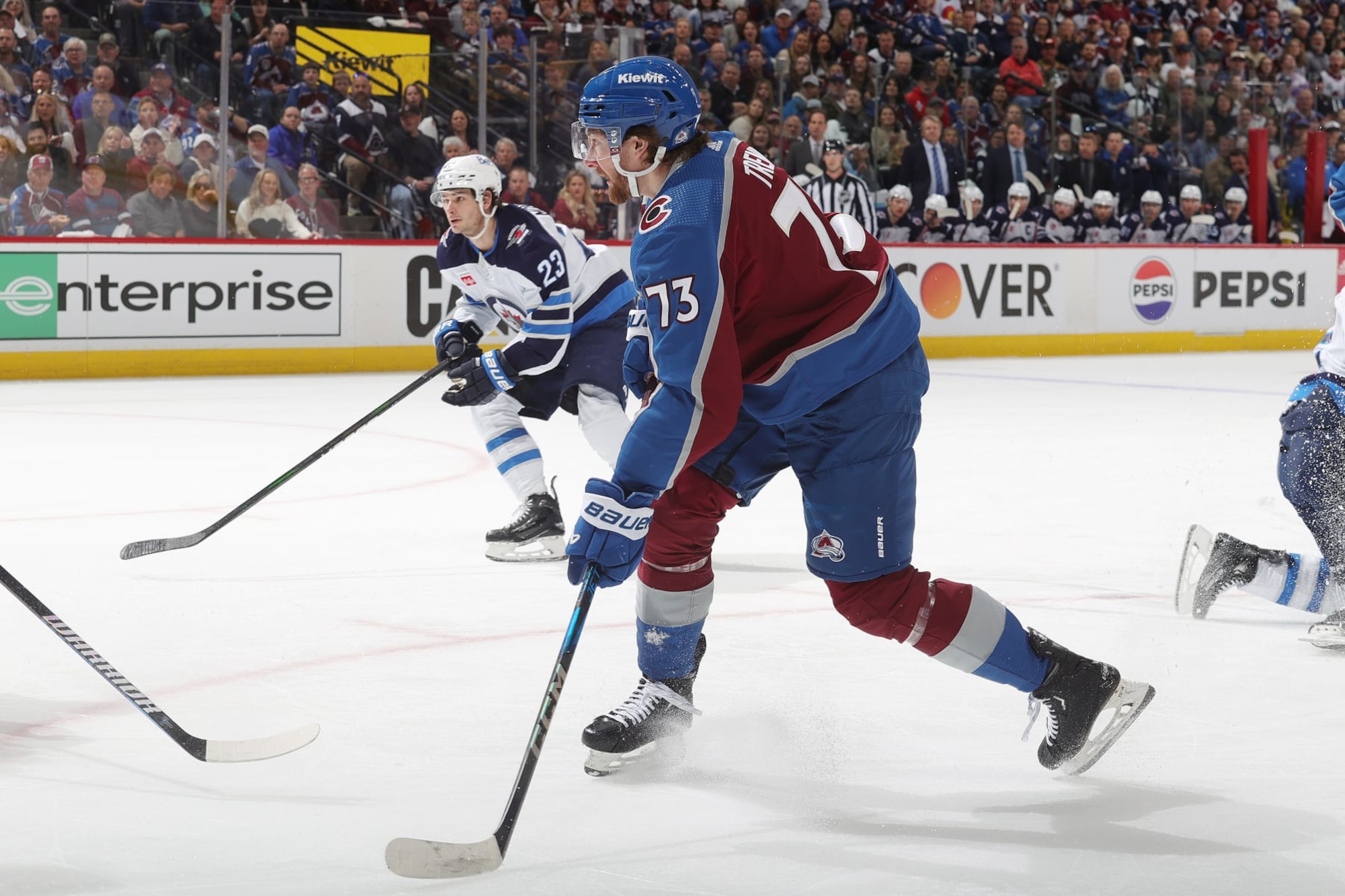 DENVER, COLORADO - APRIL 28: Yakov Trenin #73 of the Colorado Avalanche skates against the Winnipeg Jets in Game Four of the First Round of the 2024 Stanley Cup Playoffs at Ball Arena on April 28, 2024 in Denver, Colorado. (Photo by Michael Martin/NHLI via Getty Images)