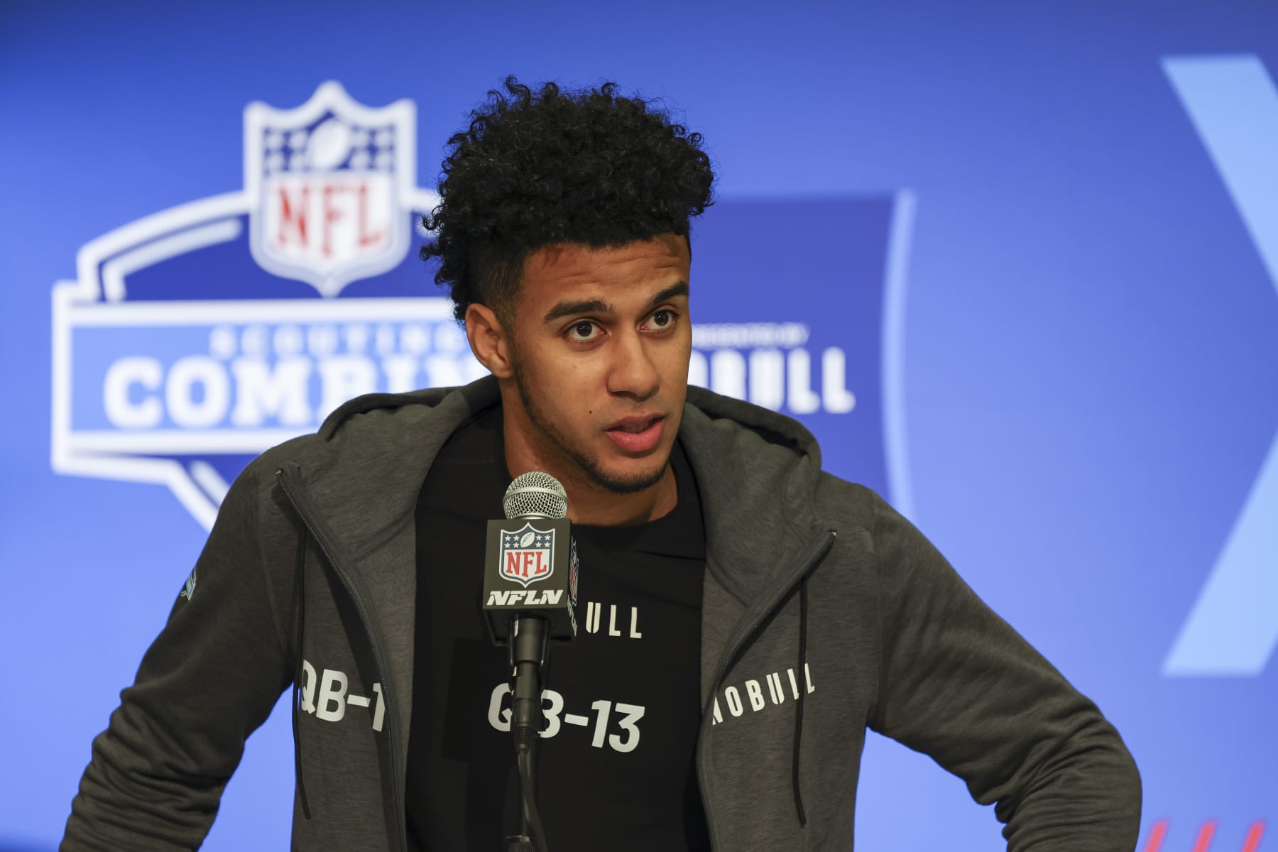 INDIANAPOLIS, INDIANA - MARCH 01: Jordan Travis #QB13 of Florida State speaks to the media during the NFL Combine at the Indiana Convention Center on March 01, 2024 in Indianapolis, Indiana. (Photo by Kara Durrette/Getty Images)