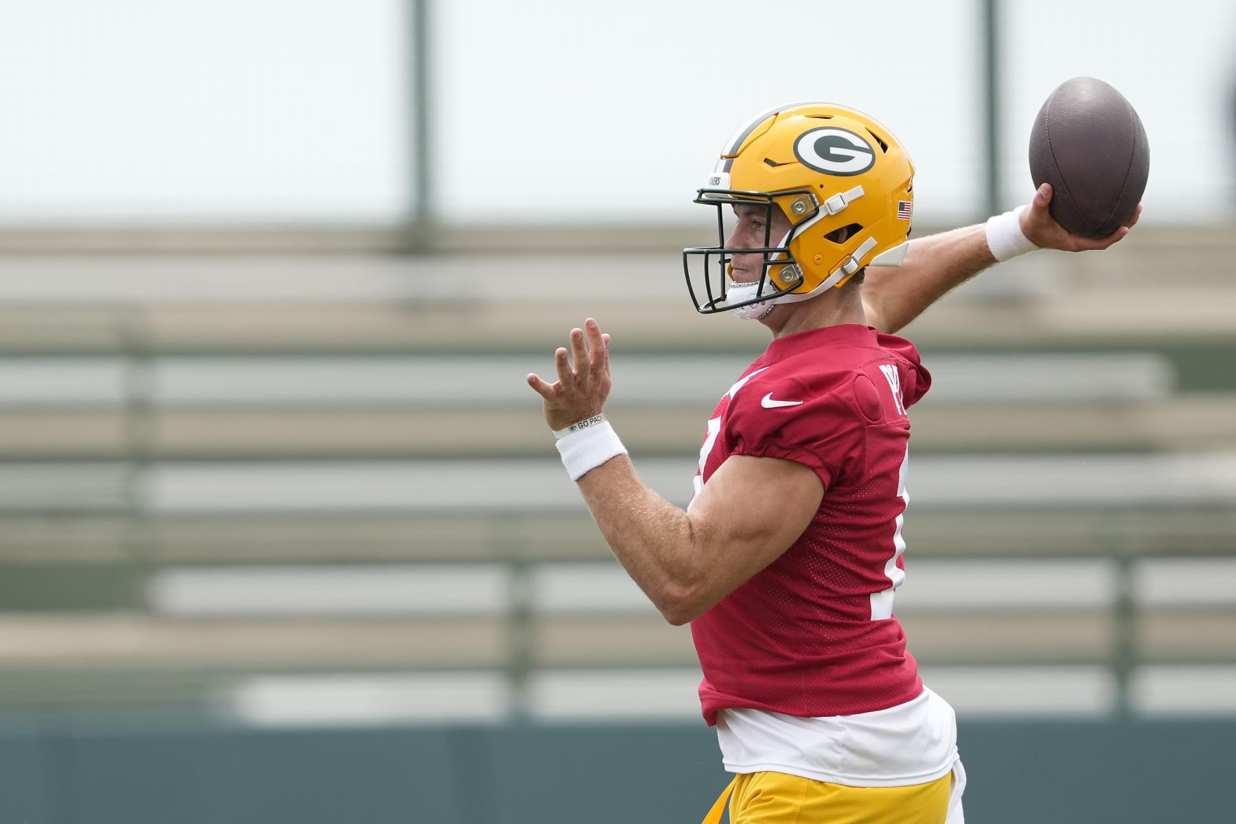 GREEN BAY, WISCONSIN - JUNE 11: Michael Pratt #17 of the Green Bay Packers participates in drills during the Green Bay Packers Minicamp at Ray Nitschke Field on June 11, 2024 in Green Bay, Wisconsin. (Photo by Patrick McDermott/Getty Images)