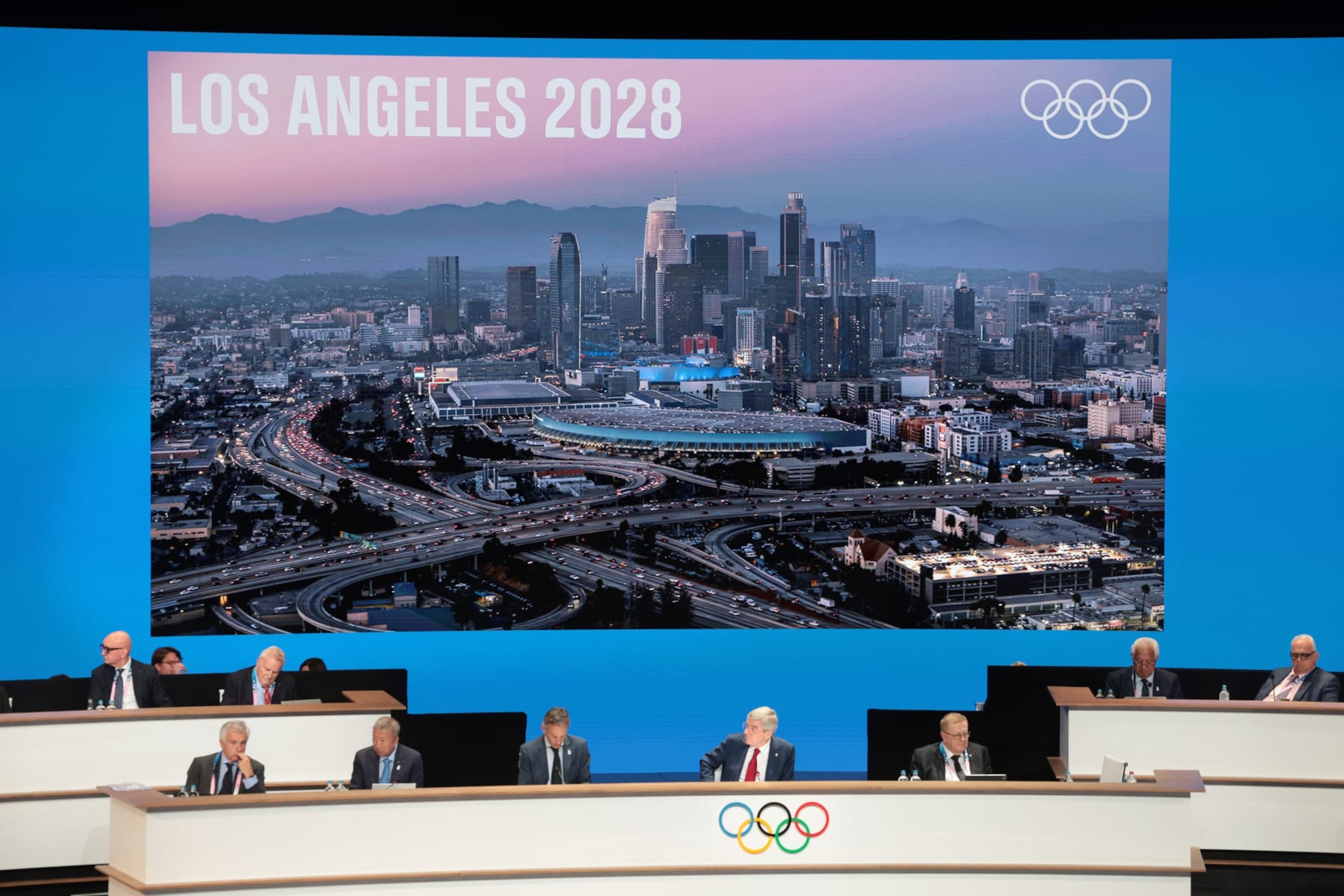 PARIS, FRANCE July 23, 2024-An LA28 presentation and meeting show images of Los Angeles in Paris, France Tuesday.   (Wally Skalij/Los Angeles Times via Getty Images)