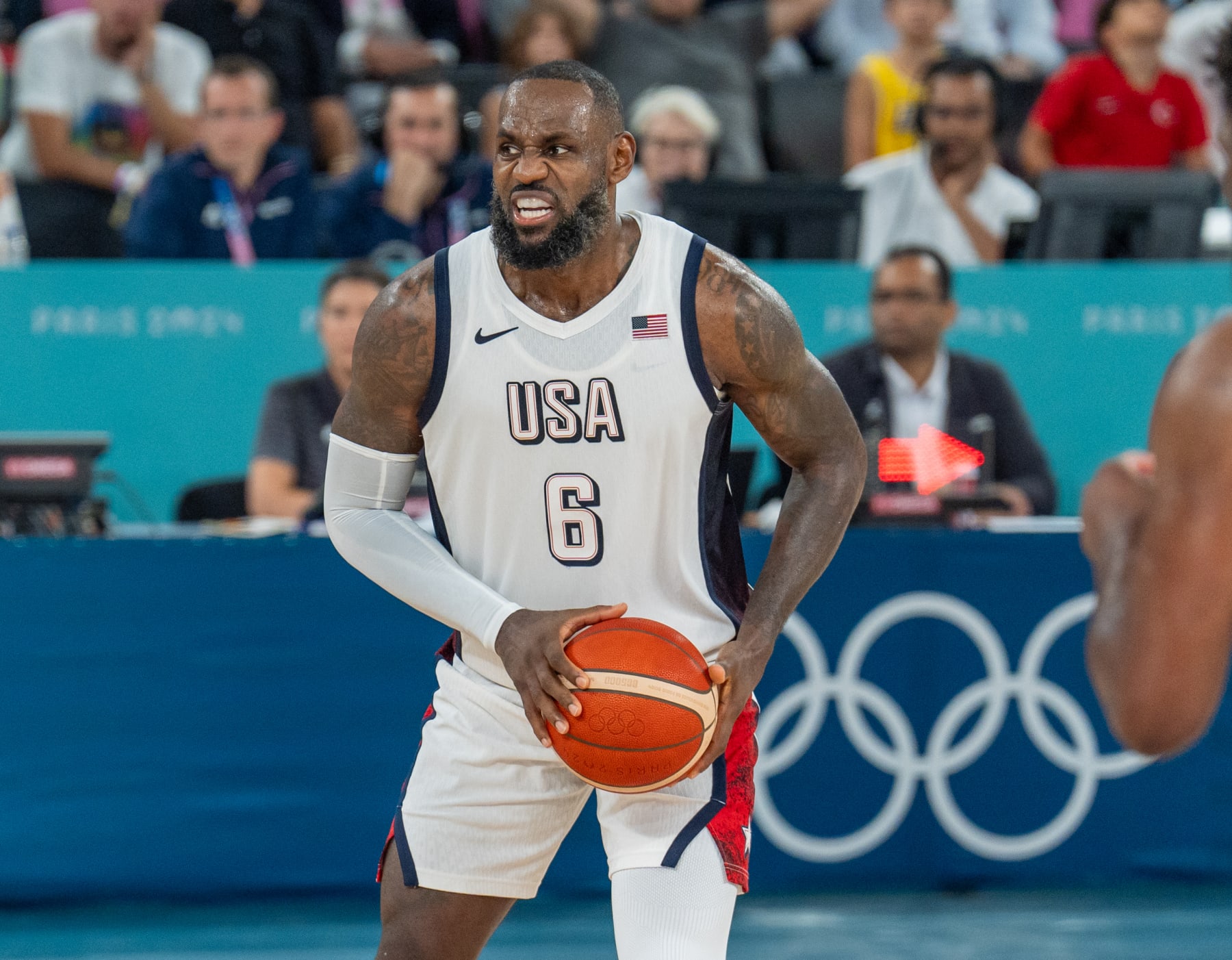 PARIS, FRANCE - AUGUST 08: Lebron James (6) of US in action during the Men's basketball semifinals match between United States and Serbia on day thirteen of the Olympic Games Paris 2024 at Bercy Arena on August 08, 2024 in Paris, France. (Photo by Aytac Unal/Anadolu via Getty Images) PARIS, FRANCE - AUGUST 08: Lebron James (6) of US in action during the Men's basketball semifinals match between United States and Serbia on day thirteen of the Olympic Games Paris 2024 at Bercy Arena on August 08, 2024 in Paris, France. (Photo by Aytac Unal/Anadolu via Getty Images)