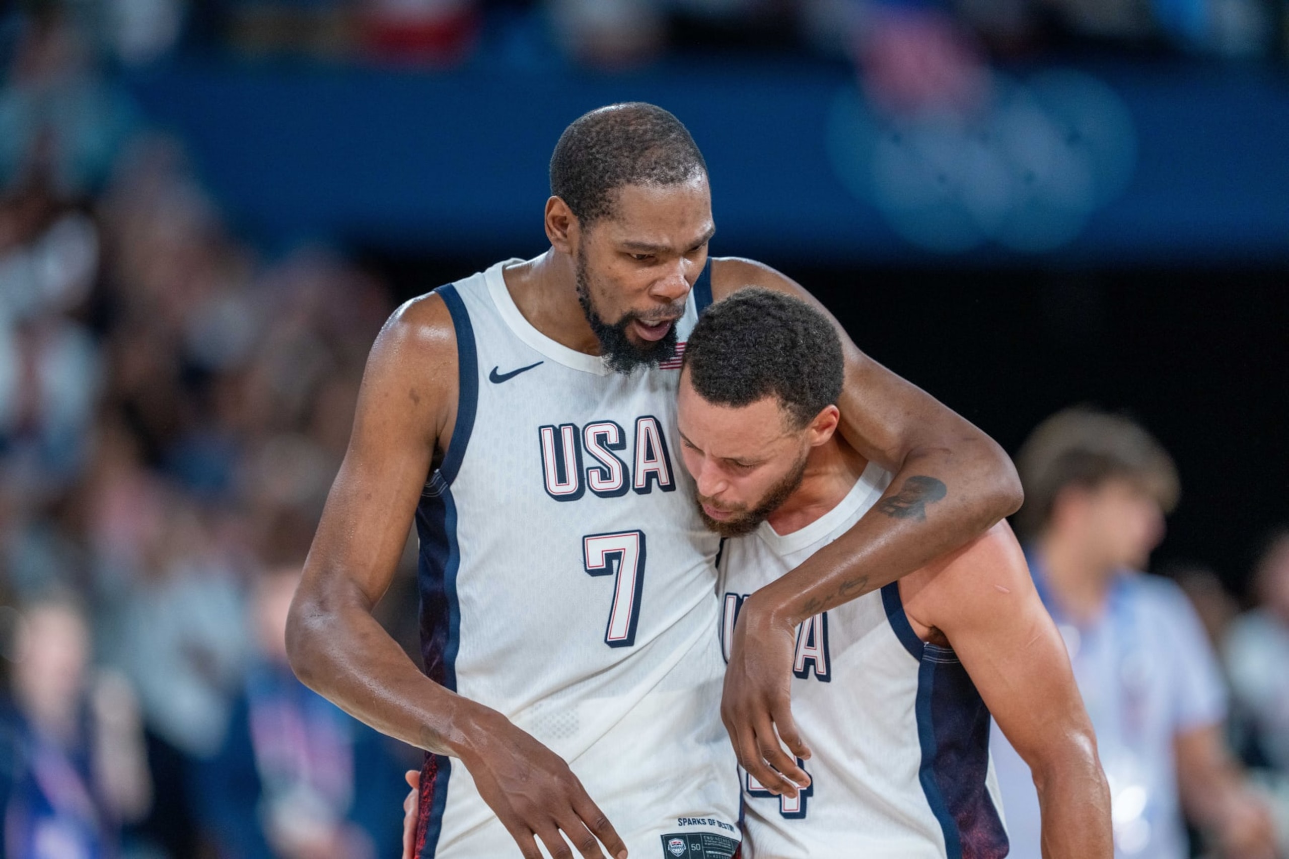 PARIS, FRANCE - AUGUST 08: Stephen Curry (4) and Kevin Durant (7) of US during the Men's basketball semifinals match between United States and Serbia on day thirteen of the Olympic Games Paris 2024 at Bercy Arena on August 08, 2024 in Paris, France. (Photo by Aytac Unal/Anadolu via Getty Images)