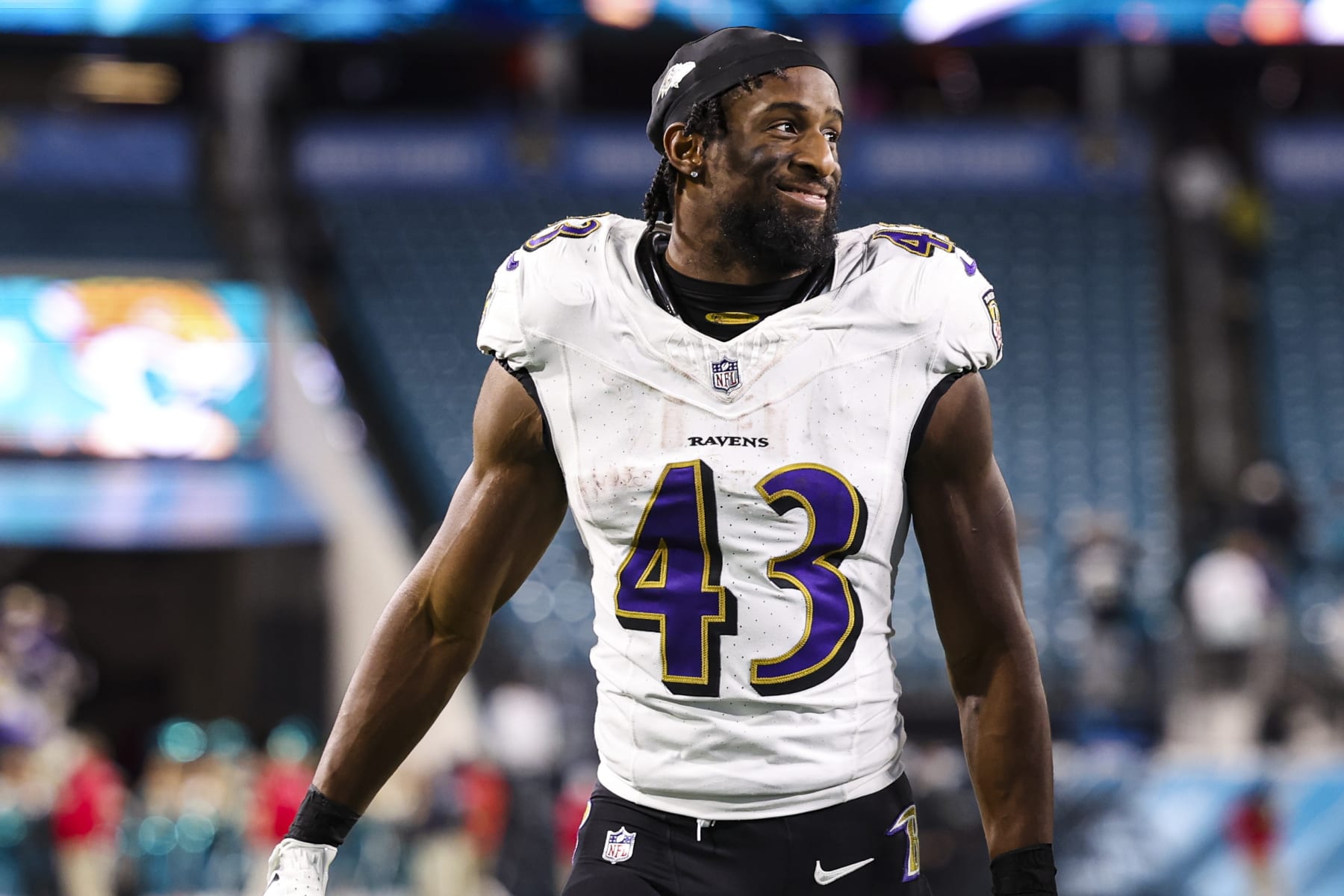 JACKSONVILLE, FL - DECEMBER 17: Justice Hill #43 of the Baltimore Ravens looks on from the field after an NFL football game against the Jacksonville Jaguars at EverBank Stadium on December 17, 2023 in Jacksonville, Florida. (Photo by Perry Knotts/Getty Images)