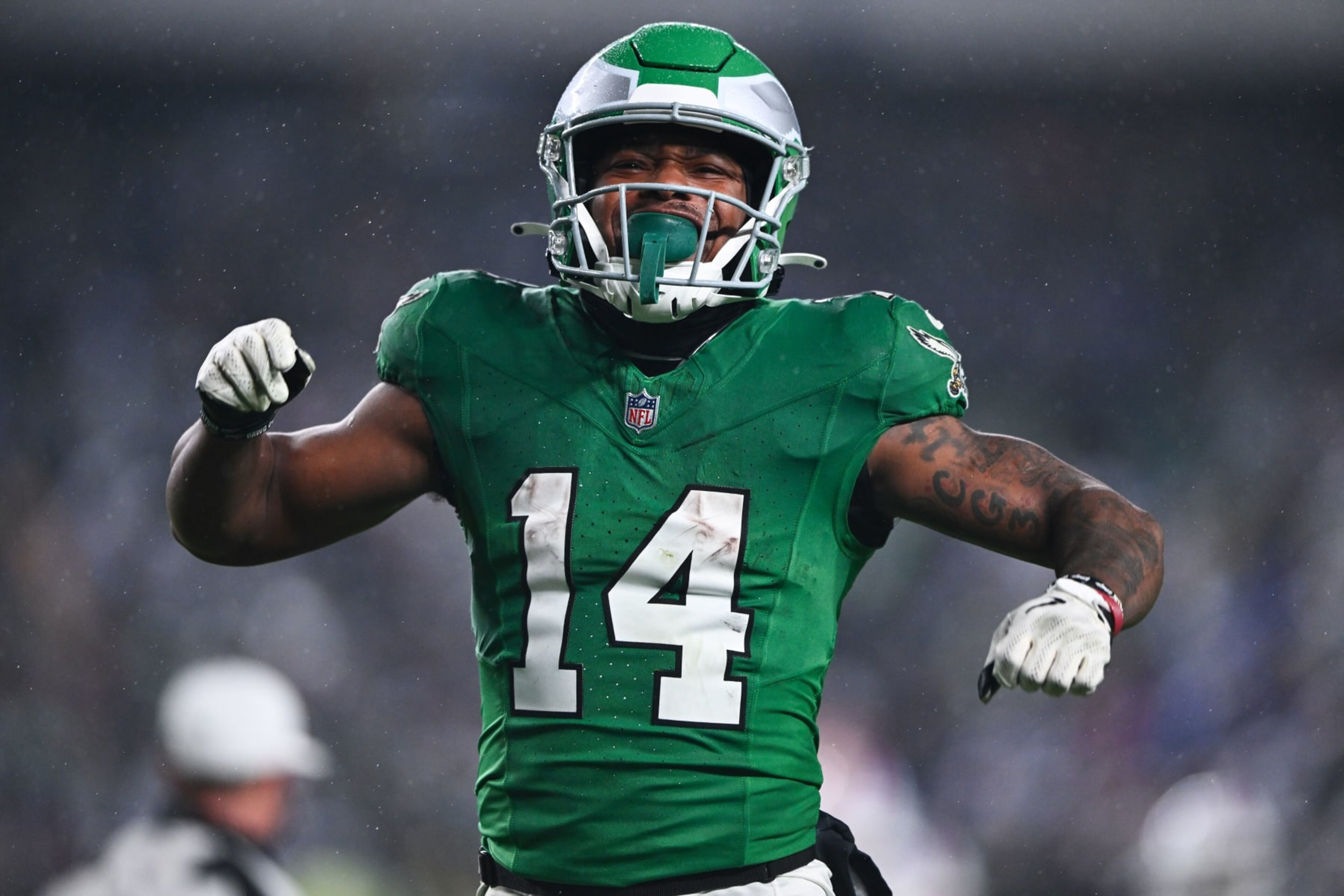 PHILADELPHIA, PA - NOVEMBER 26: Philadelphia Eagles Running Back Kenneth Gainwell (14) reacts in the second half during the game between the Buffalo Bills and Philadelphia Eagles on November 26, 2023 at Lincoln Financial Field in Philadelphia, PA. (Photo by Kyle Ross/Icon Sportswire via Getty Images)