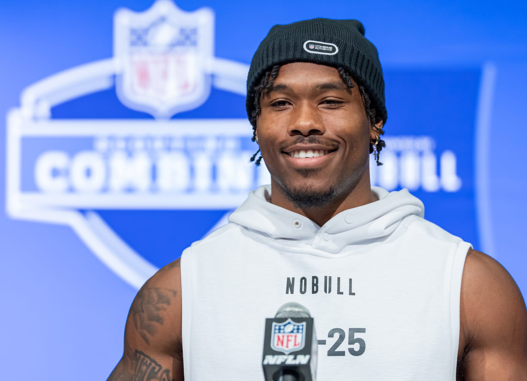 INDIANAPOLIS, INDIANA - MARCH 01: Tyrone Tracy Jr. #RB25 of the Purdue Boilermakers speaks to the media during the 2024 NFL Draft Combine at Lucas Oil Stadium on March 01, 2024 in Indianapolis, Indiana. (Photo by Michael Hickey/Getty Images)