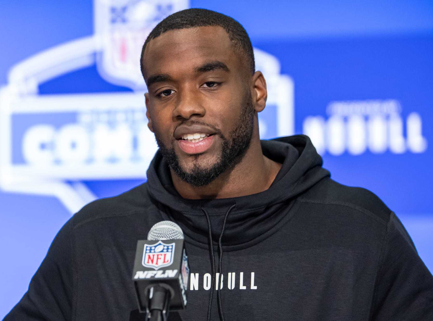 INDIANAPOLIS, INDIANA - MARCH 01: Trey Benson #RB04 of the Florida State Seminoles speaks to the media during the 2024 NFL Draft Combine at Lucas Oil Stadium on March 01, 2024 in Indianapolis, Indiana. (Photo by Michael Hickey/Getty Images)
