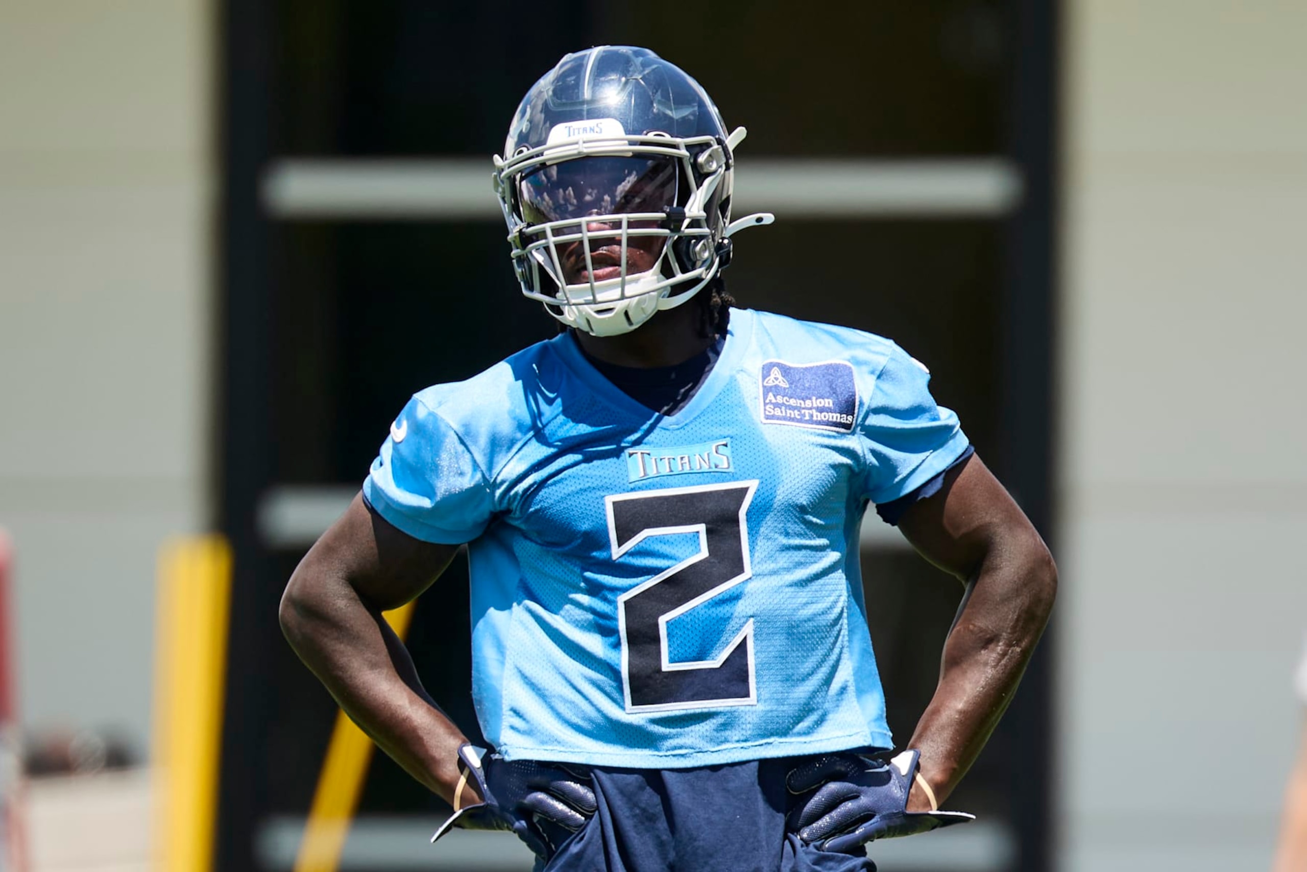 NASHVILLE, TENNESSEE - JUNE 06: Tyjae Spears #2 of the Tennessee Titans looks on during Day 3 of  Titans Mandatory Minicamp at Ascension Saint Thomas Sports Park on June 06, 2024 in Nashville, Tennessee. (Photo by Johnnie Izquierdo/Getty Images)
