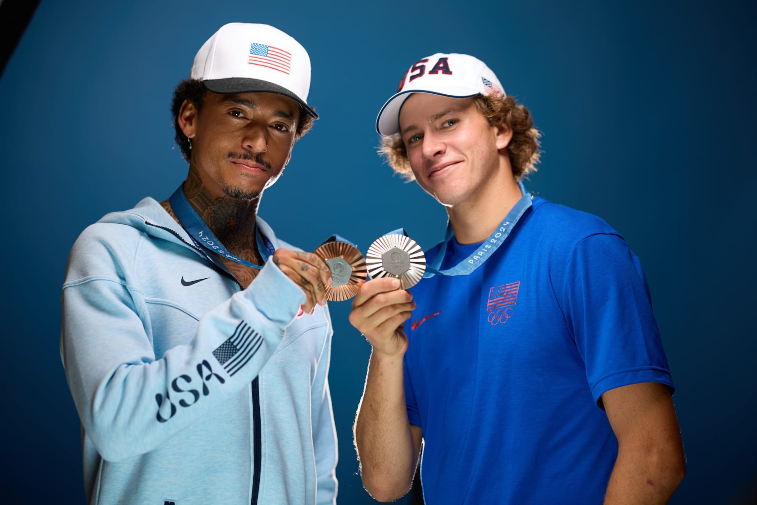 PARIS, FRANCE - JULY 30 U.S. Olympian Nyjah Huston and Jagger Eaton pose for a photo at the USA House at Paris 2024 on July 30, 2024 in Paris, France. (Photo by Joe Scarnici/Getty Images for USOPC)
