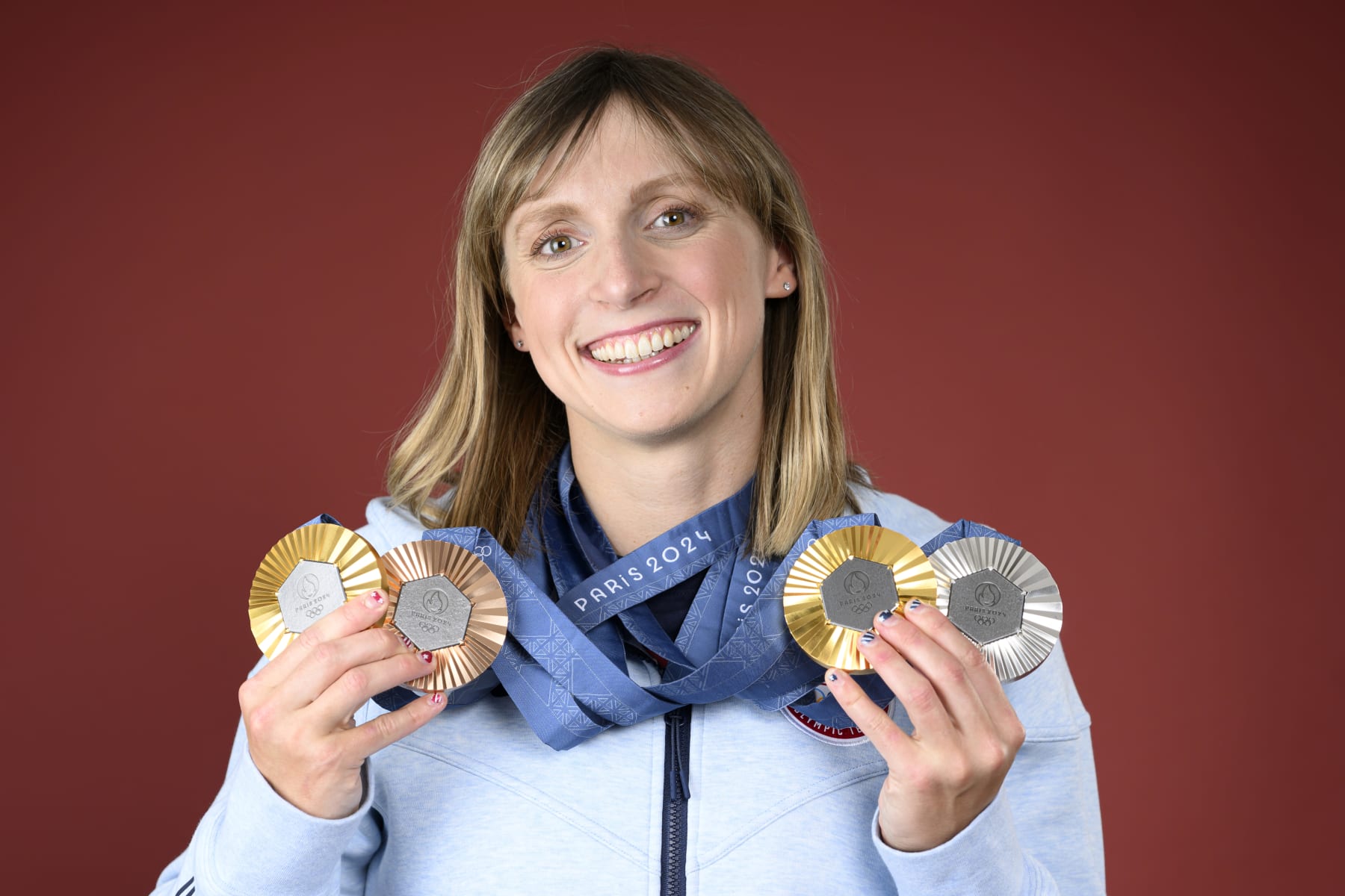 PARIS, FRANCE - AUGUST 04: (BROADCAST-OUT) Olympian Katie Ledecky of Team United States poses on the Today Show Set on August 04, 2024 in Paris, France. (Photo by Kristy Sparow/Getty Images)