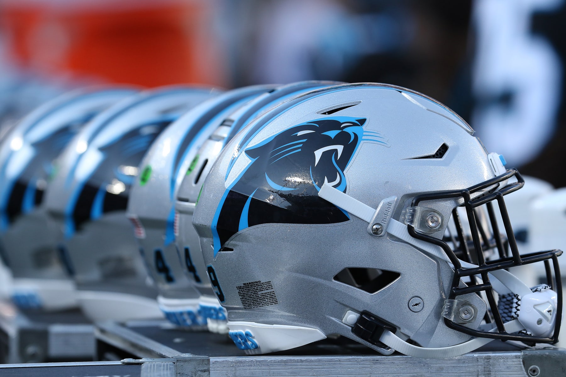 CHARLOTTE, NC - NOVEMBER 19: Carolina Panthers helmets during an NFL football game between the Dallas Cowboys and the Carolina Panthers on November 19, 2023 at Bank of America Stadium in Charlotte, N.C. (Photo by John Byrum/Icon Sportswire via Getty Images)