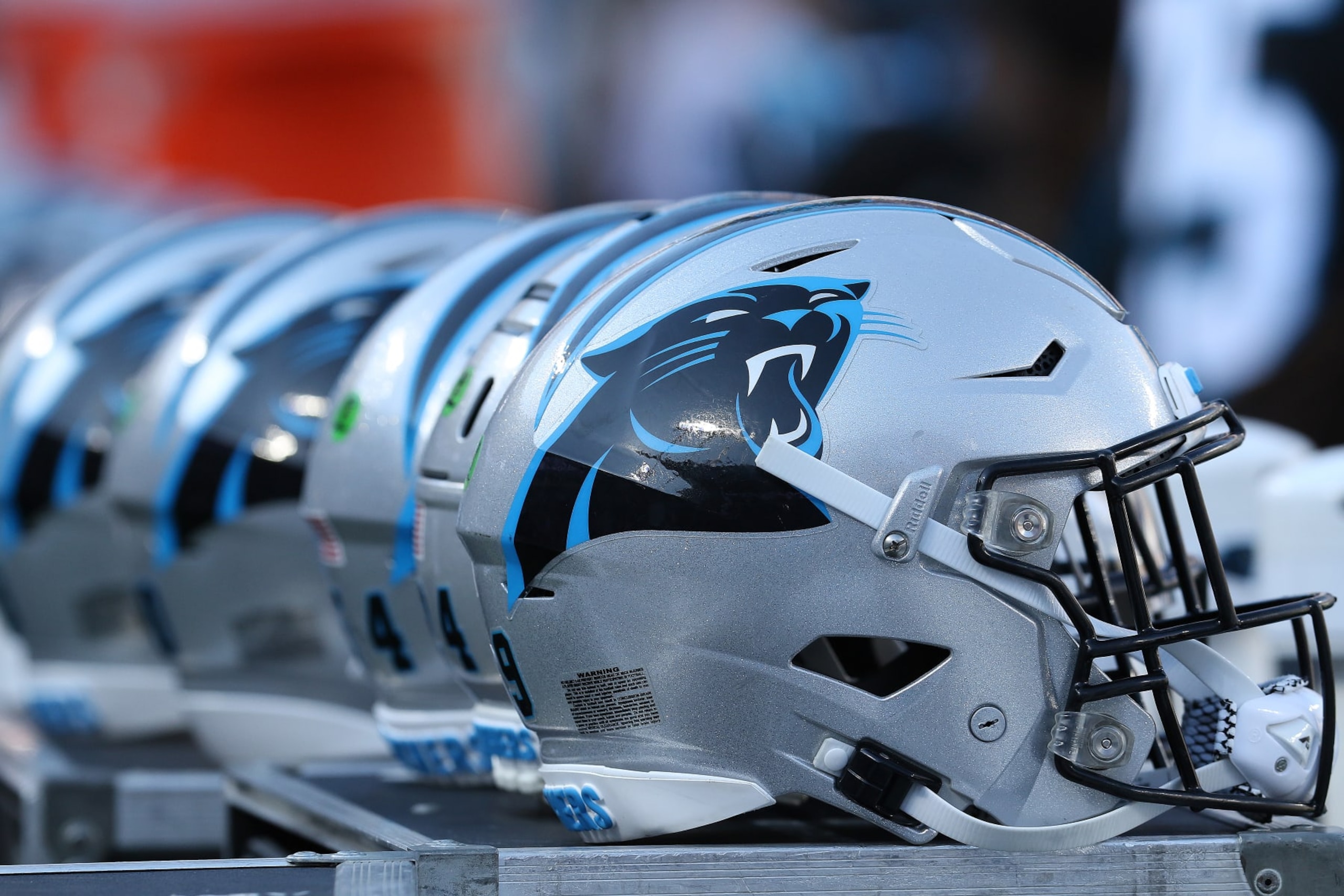 CHARLOTTE, NC - NOVEMBER 19: Carolina Panthers helmets during an NFL football game between the Dallas Cowboys and the Carolina Panthers on November 19, 2023 at Bank of America Stadium in Charlotte, N.C. (Photo by John Byrum/Icon Sportswire via Getty Images) CHARLOTTE, NC - NOVEMBER 19: Carolina Panthers helmets during an NFL football game between the Dallas Cowboys and the Carolina Panthers on November 19, 2023 at Bank of America Stadium in Charlotte, N.C. (Photo by John Byrum/Icon Sportswire via Getty Images)