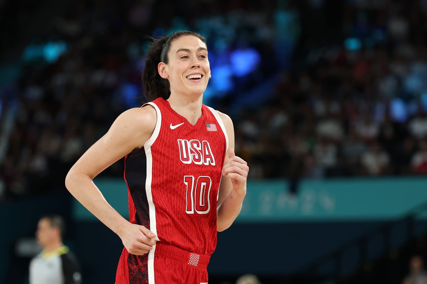 PARIS, FRANCE - AUGUST 07: Breanna Stewart #10 of Team United States reacts during a Women's basketball quarterfinal game between Team United States and Team Nigeria on day twelve of the Olympic Games Paris 2024 at Bercy Arena on August 07, 2024 in Paris, France. (Photo by Gregory Shamus/Getty Images) PARIS, FRANCE - AUGUST 07: Breanna Stewart #10 of Team United States reacts during a Women's basketball quarterfinal game between Team United States and Team Nigeria on day twelve of the Olympic Games Paris 2024 at Bercy Arena on August 07, 2024 in Paris, France. (Photo by Gregory Shamus/Getty Images)