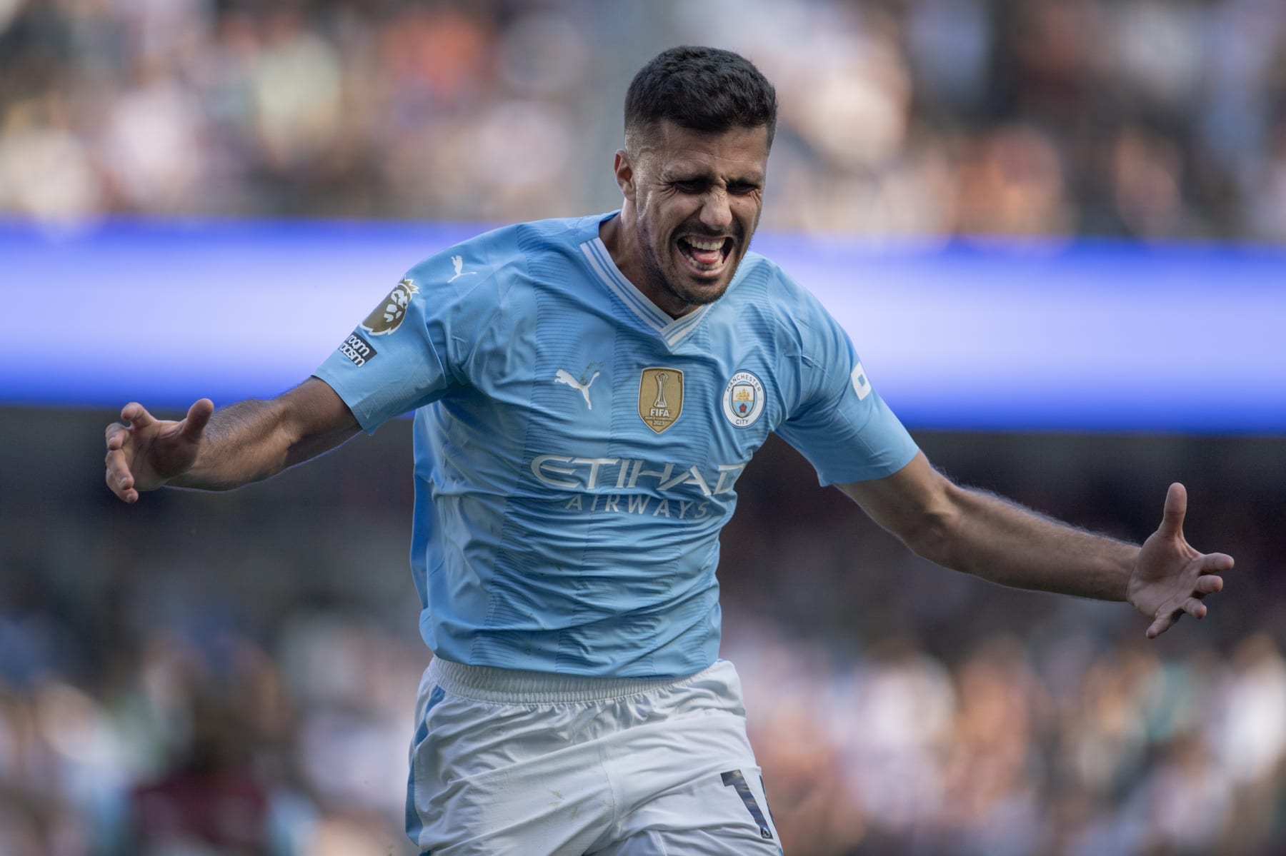 MANCHESTER, ENGLAND - MAY 19: Rodri of Manchester City celebrates scoring the third goal during the Premier League match between Manchester City and West Ham United at Etihad Stadium on May 19, 2024 in Manchester, England.(Photo by Visionhaus/Getty Images)