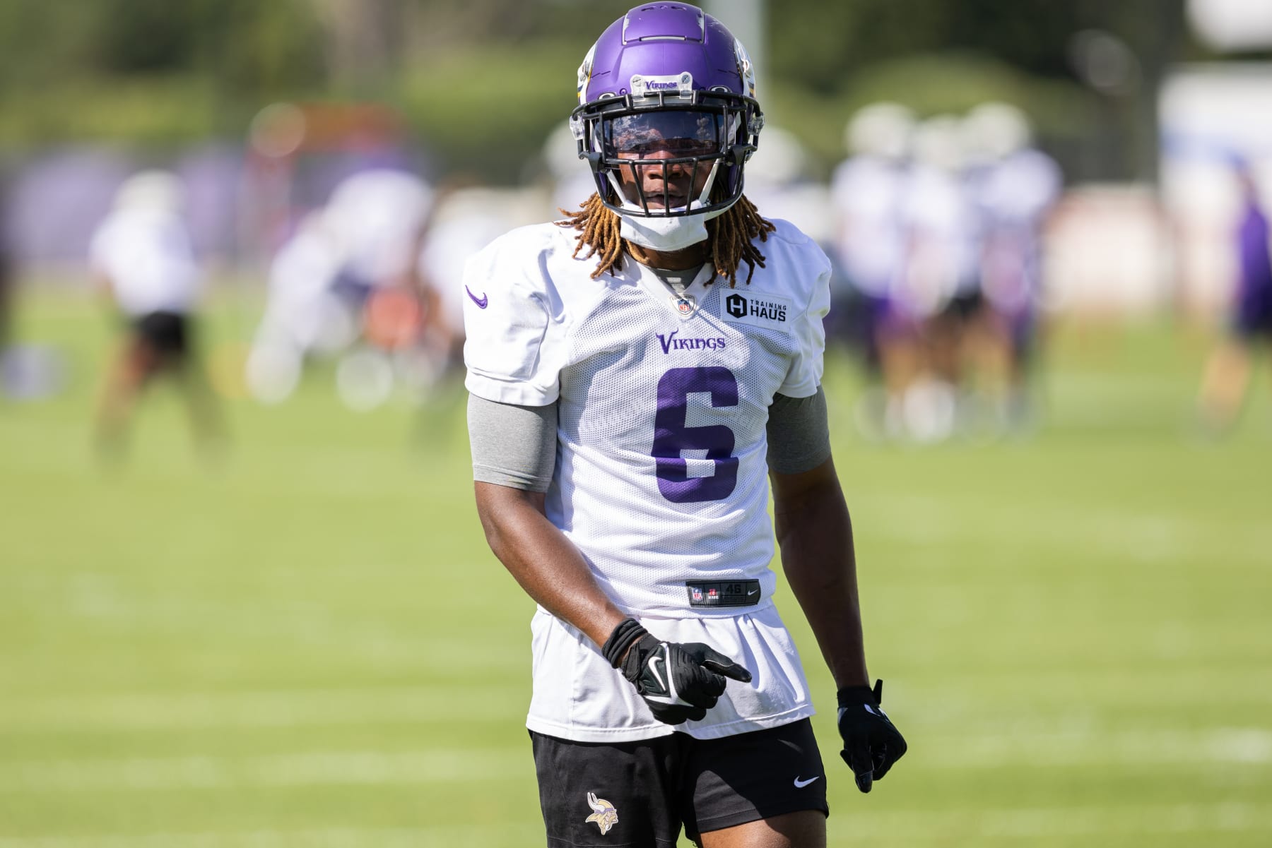 EAGAN, MN - AUGUST 12: Minnesota Vikings safety Lewis Cine (6) looks on during Minnesota Vikings Training Camp at TCO Performance Center on August 12, 2023 in Eagan, Minnesota. (Photo by Bailey Hillesheim/Icon Sportswire via Getty Images)