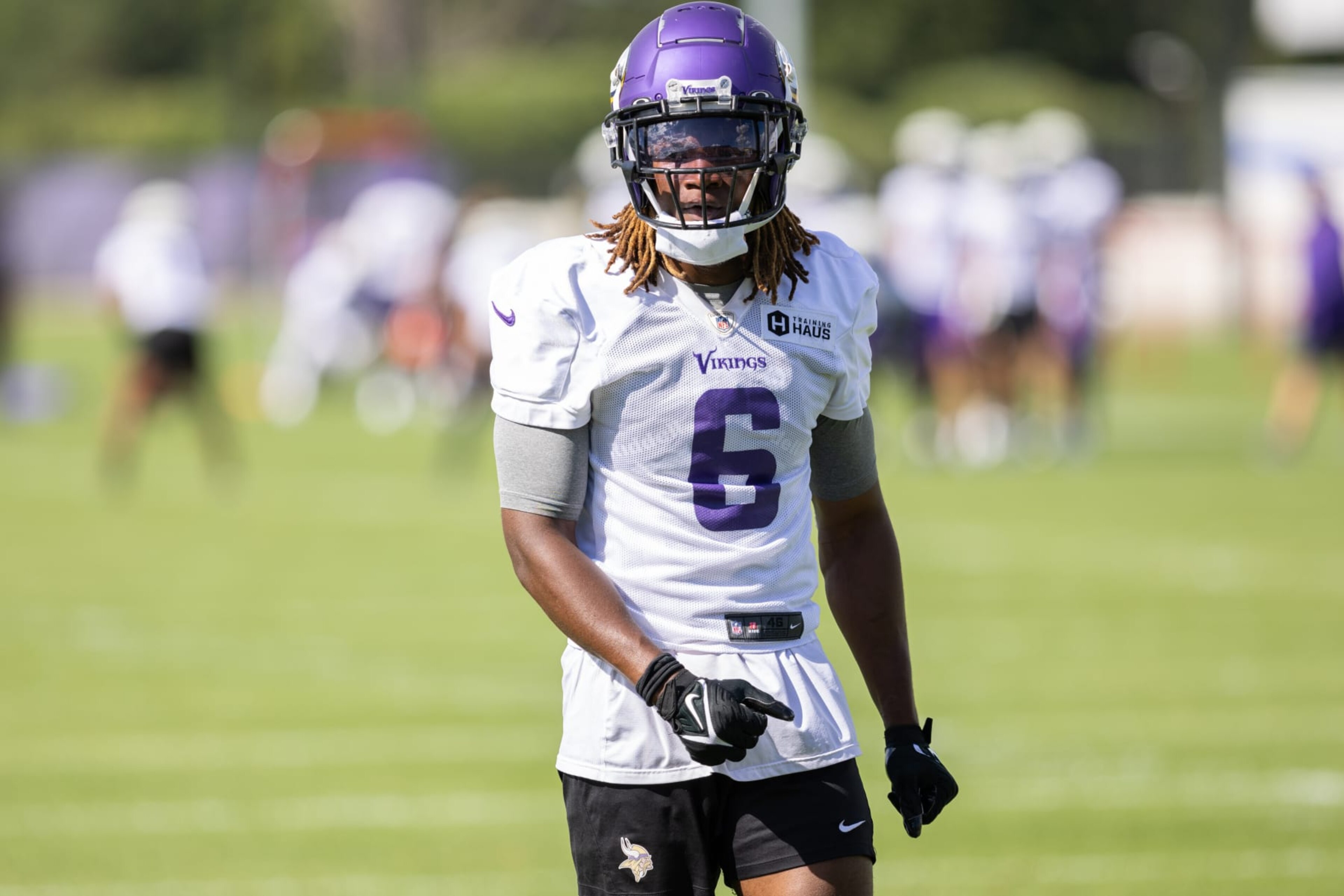EAGAN, MN - AUGUST 12: Minnesota Vikings safety Lewis Cine (6) looks on during Minnesota Vikings Training Camp at TCO Performance Center on August 12, 2023 in Eagan, Minnesota. (Photo by Bailey Hillesheim/Icon Sportswire via Getty Images) EAGAN, MN - AUGUST 12: Minnesota Vikings safety Lewis Cine (6) looks on during Minnesota Vikings Training Camp at TCO Performance Center on August 12, 2023 in Eagan, Minnesota. (Photo by Bailey Hillesheim/Icon Sportswire via Getty Images)