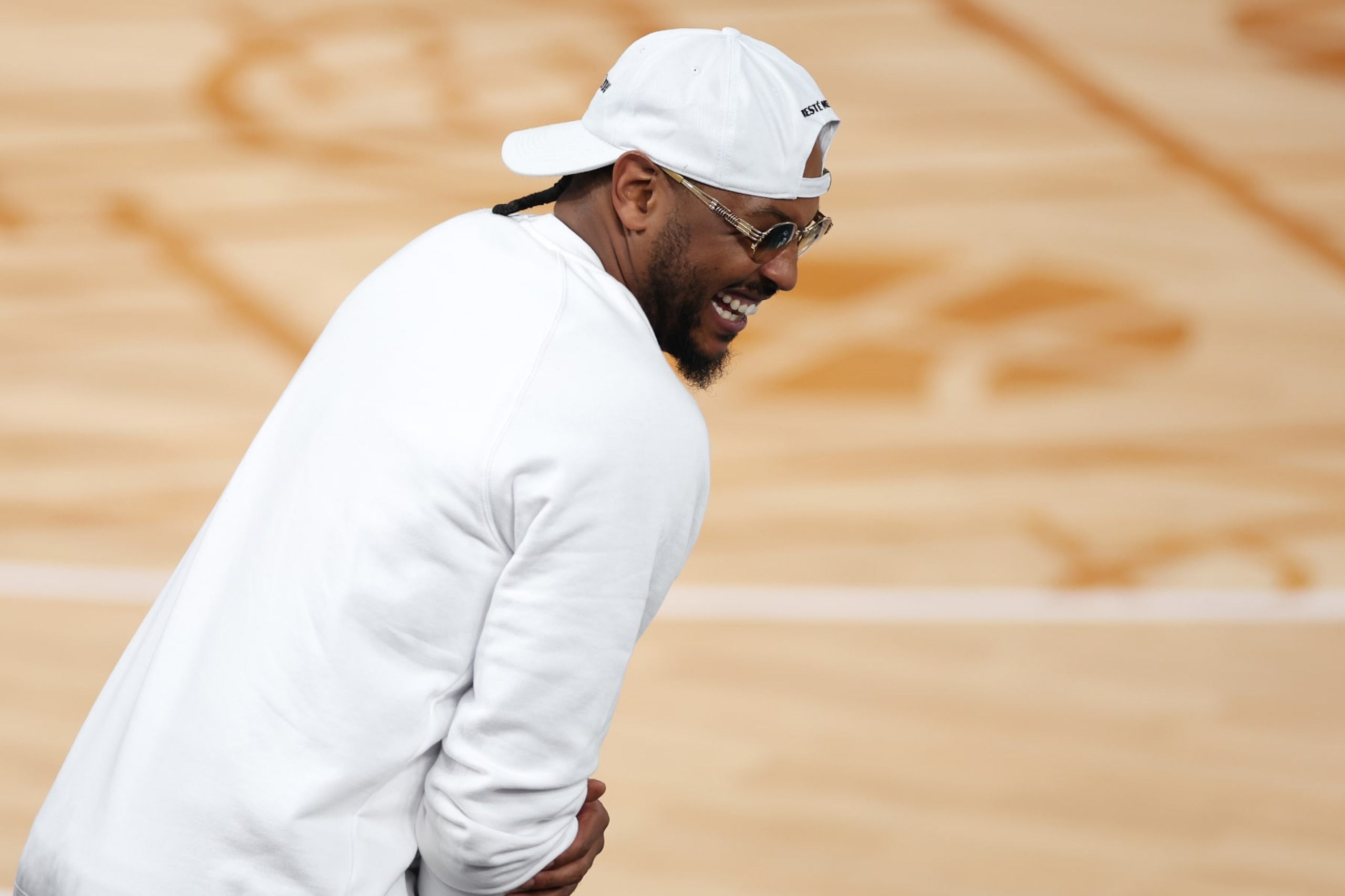 PARIS, FRANCE - AUGUST 08: Former NBA player Carmelo Anthony attends a Men's basketball semifinals match between Team United States and Team Serbia on day thirteen of the Olympic Games Paris 2024 at Bercy Arena on August 08, 2024 in Paris, France. (Photo by Sarah Stier/Getty Images) PARIS, FRANCE - AUGUST 08: Former NBA player Carmelo Anthony attends a Men's basketball semifinals match between Team United States and Team Serbia on day thirteen of the Olympic Games Paris 2024 at Bercy Arena on August 08, 2024 in Paris, France. (Photo by Sarah Stier/Getty Images)