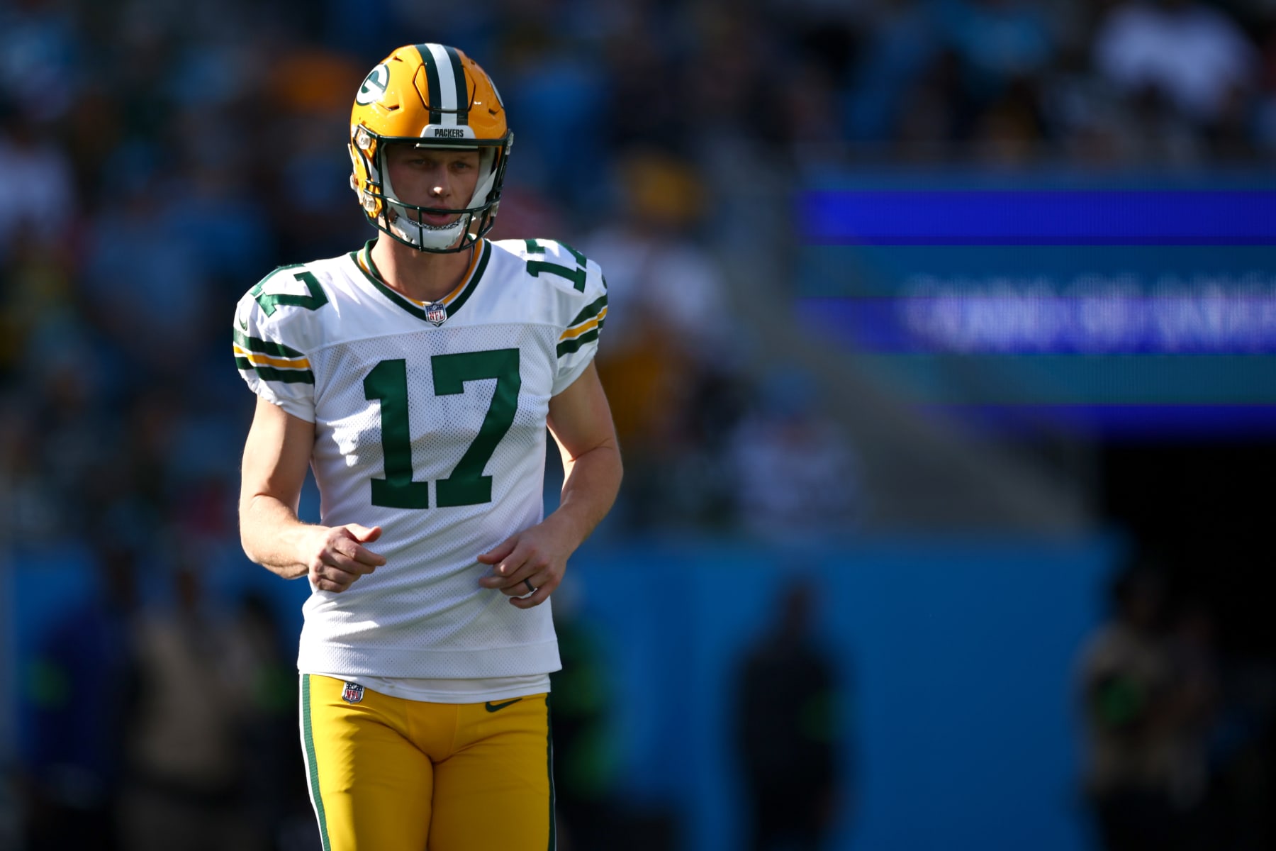 CHARLOTTE, NORTH CAROLINA - DECEMBER 24: Anders Carlson #17 of the Green Bay Packers looks on during the first half of the game against the Carolina Panthers at Bank of America Stadium on December 24, 2023 in Charlotte, North Carolina. (Photo by Jared C. Tilton/Getty Images)