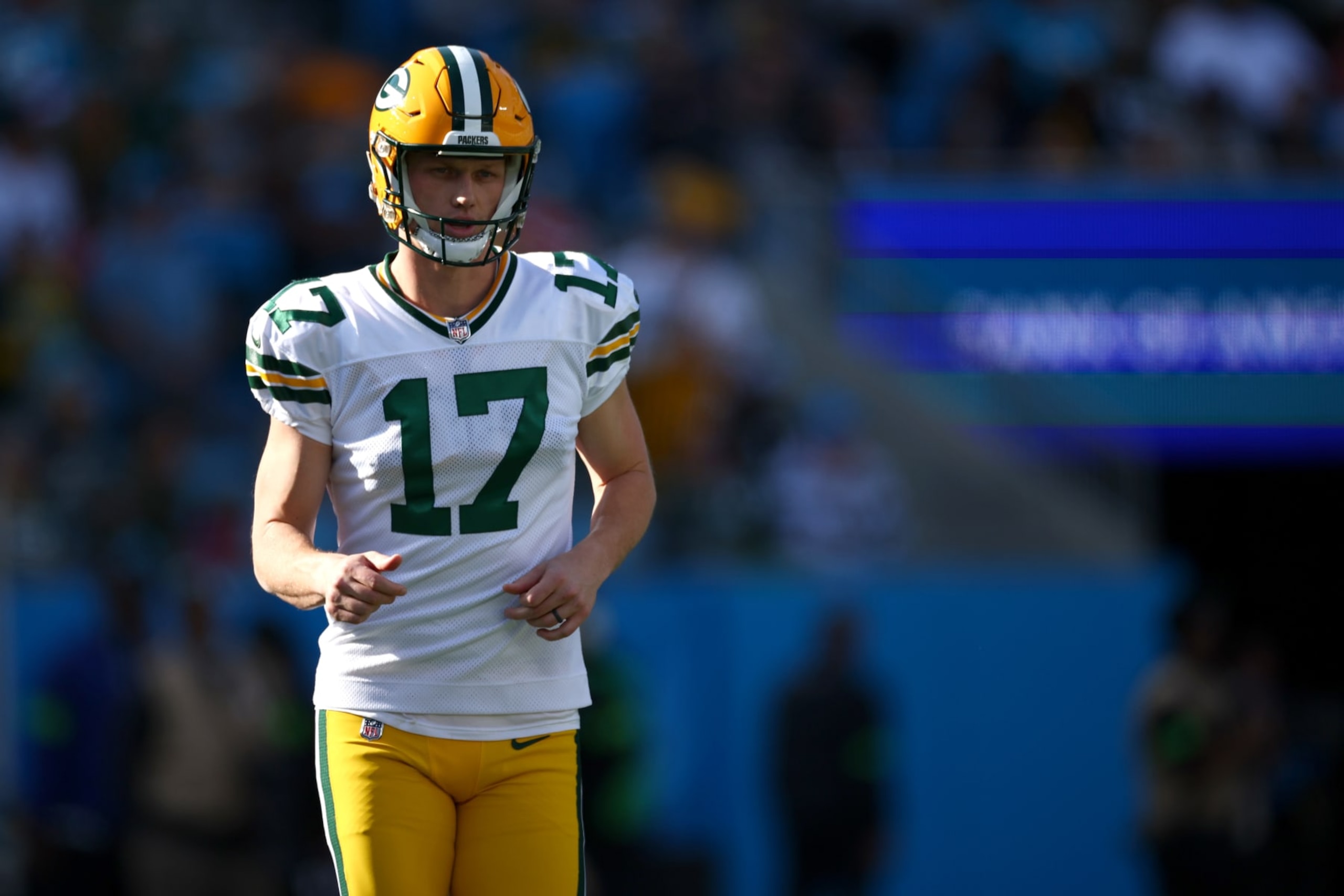 CHARLOTTE, NORTH CAROLINA - DECEMBER 24: Anders Carlson #17 of the Green Bay Packers looks on during the first half of the game against the Carolina Panthers at Bank of America Stadium on December 24, 2023 in Charlotte, North Carolina. (Photo by Jared C. Tilton/Getty Images) CHARLOTTE, NORTH CAROLINA - DECEMBER 24: Anders Carlson #17 of the Green Bay Packers looks on during the first half of the game against the Carolina Panthers at Bank of America Stadium on December 24, 2023 in Charlotte, North Carolina. (Photo by Jared C. Tilton/Getty Images)