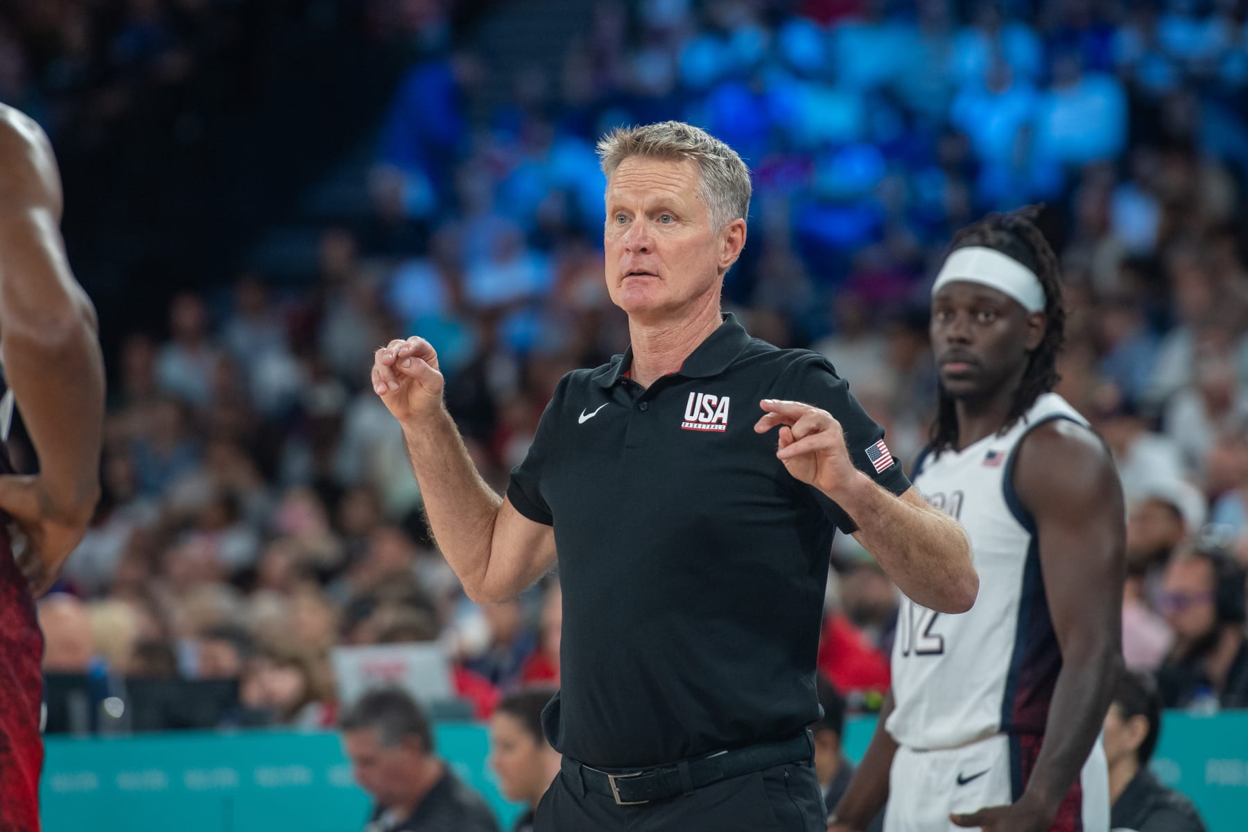 PARIS, FRANCE - AUGUST 08: Head Coach Steve Kerr of United States looks on during a Men's basketball semifinals match between Team United States and Team Serbia on day thirteen of the Olympic Games Paris 2024 at Bercy Arena on August 08, 2024 in Paris, France. (Photo by RvS.Media/Monika Majer/Getty Images)