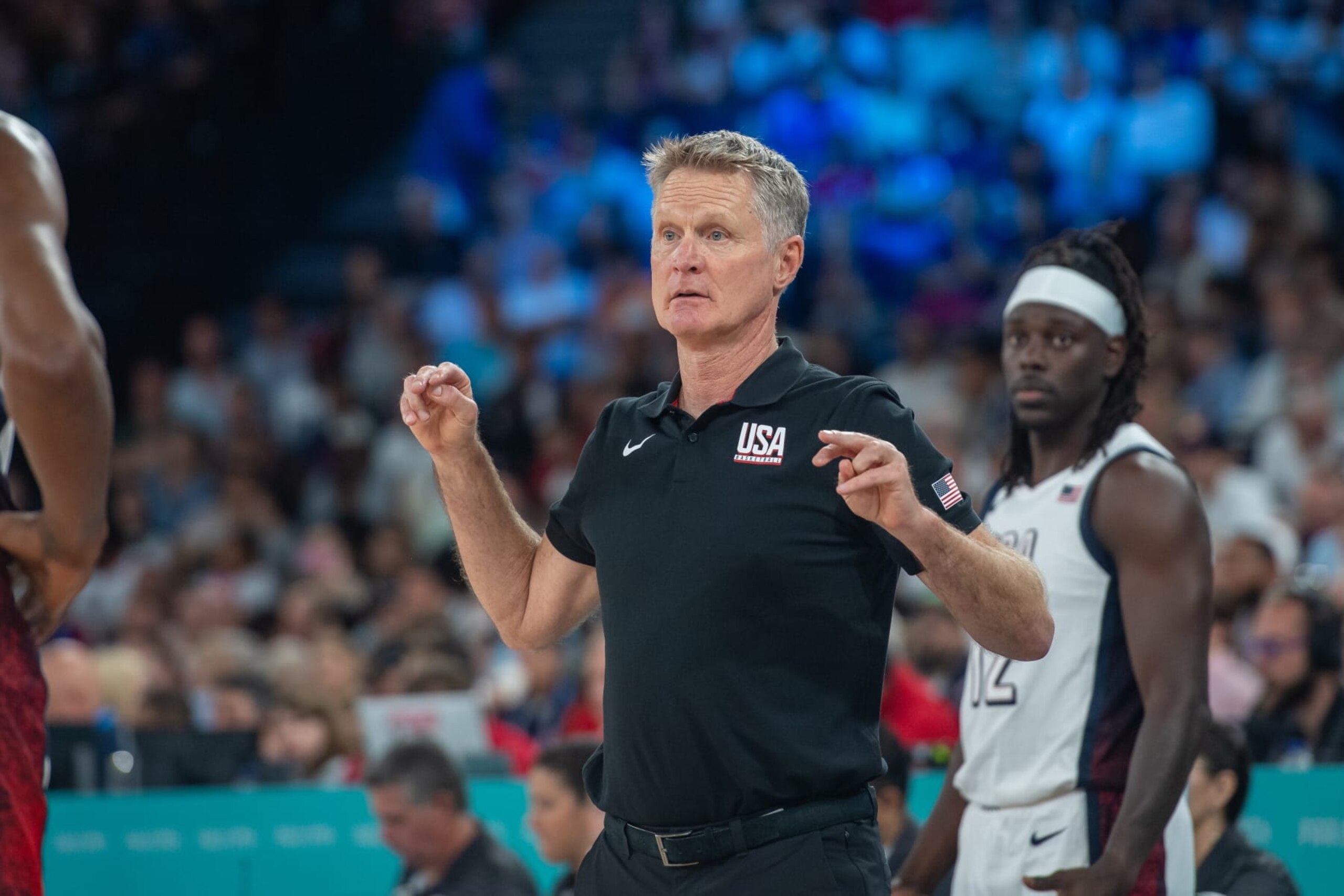 PARIS, FRANCE - AUGUST 08: Head Coach Steve Kerr of United States looks on during a Men's basketball semifinals match between Team United States and Team Serbia on day thirteen of the Olympic Games Paris 2024 at Bercy Arena on August 08, 2024 in Paris, France. (Photo by RvS.Media/Monika Majer/Getty Images) PARIS, FRANCE - AUGUST 08: Head Coach Steve Kerr of United States looks on during a Men's basketball semifinals match between Team United States and Team Serbia on day thirteen of the Olympic Games Paris 2024 at Bercy Arena on August 08, 2024 in Paris, France. (Photo by RvS.Media/Monika Majer/Getty Images)