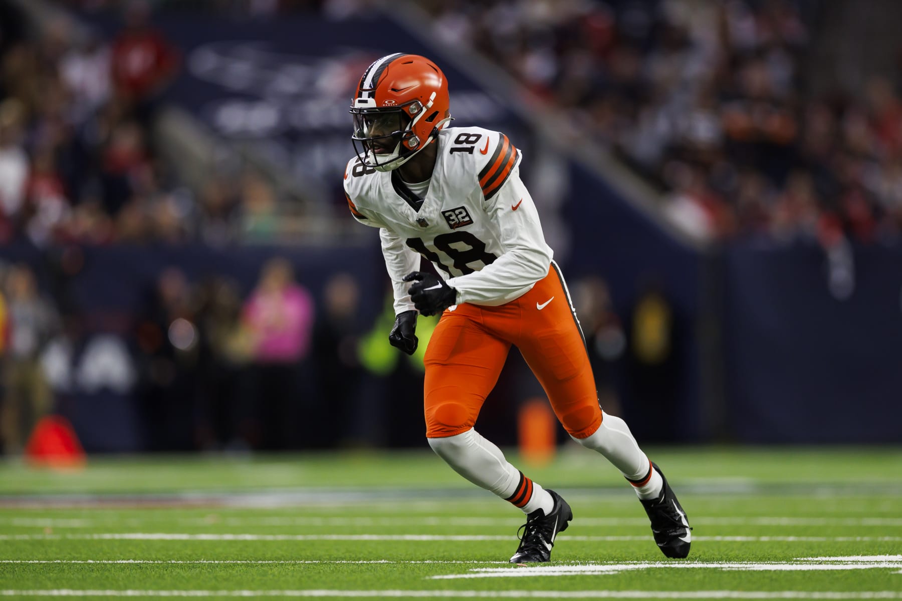HOUSTON, TEXAS - JANUARY 13: David Bell #18 of the Cleveland Browns runs a route during an AFC wild-card playoff football game against the Houston Texans at NRG Stadium on January 13, 2024 in Houston, Texas. (Photo by Ryan Kang/Getty Images)