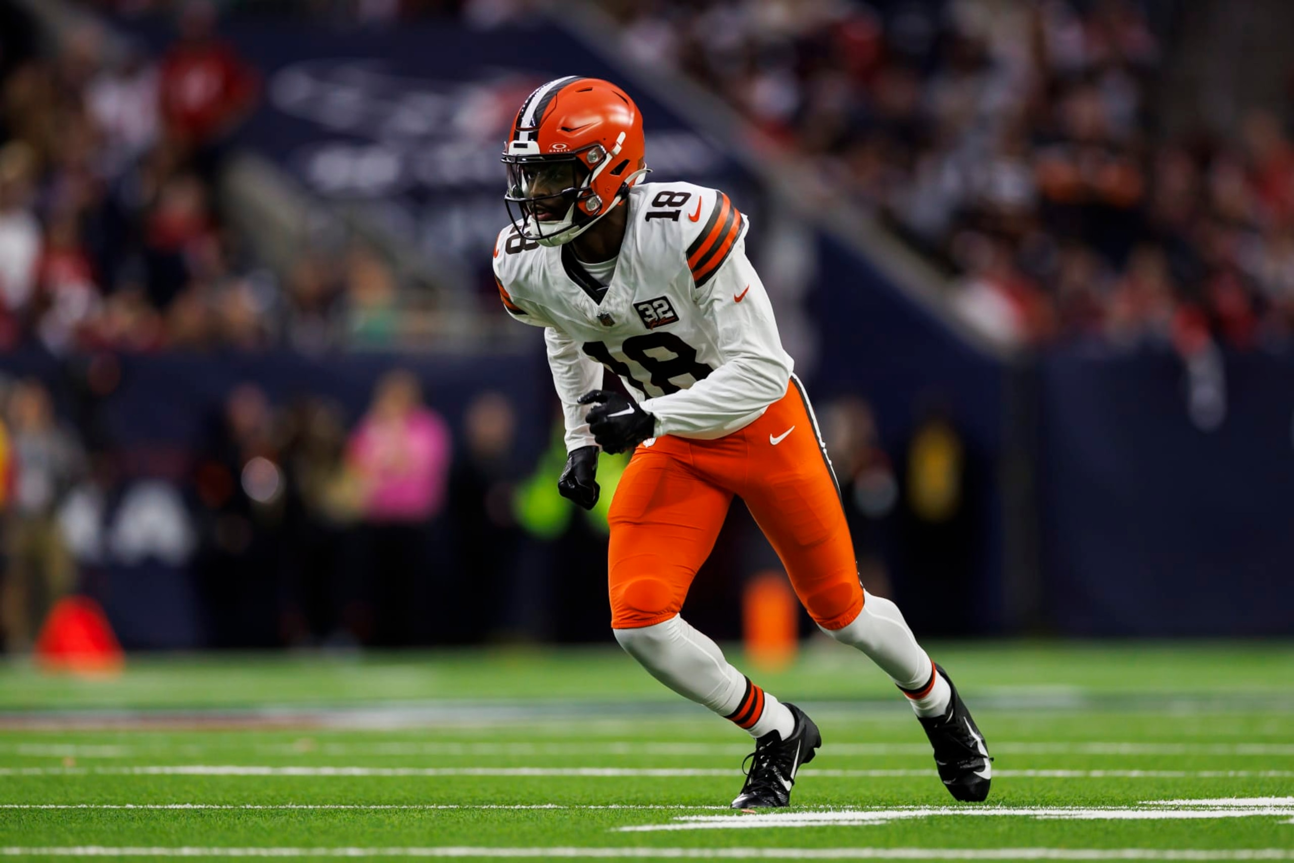 HOUSTON, TEXAS - JANUARY 13: David Bell #18 of the Cleveland Browns runs a route during an AFC wild-card playoff football game against the Houston Texans at NRG Stadium on January 13, 2024 in Houston, Texas. (Photo by Ryan Kang/Getty Images) HOUSTON, TEXAS - JANUARY 13: David Bell #18 of the Cleveland Browns runs a route during an AFC wild-card playoff football game against the Houston Texans at NRG Stadium on January 13, 2024 in Houston, Texas. (Photo by Ryan Kang/Getty Images)