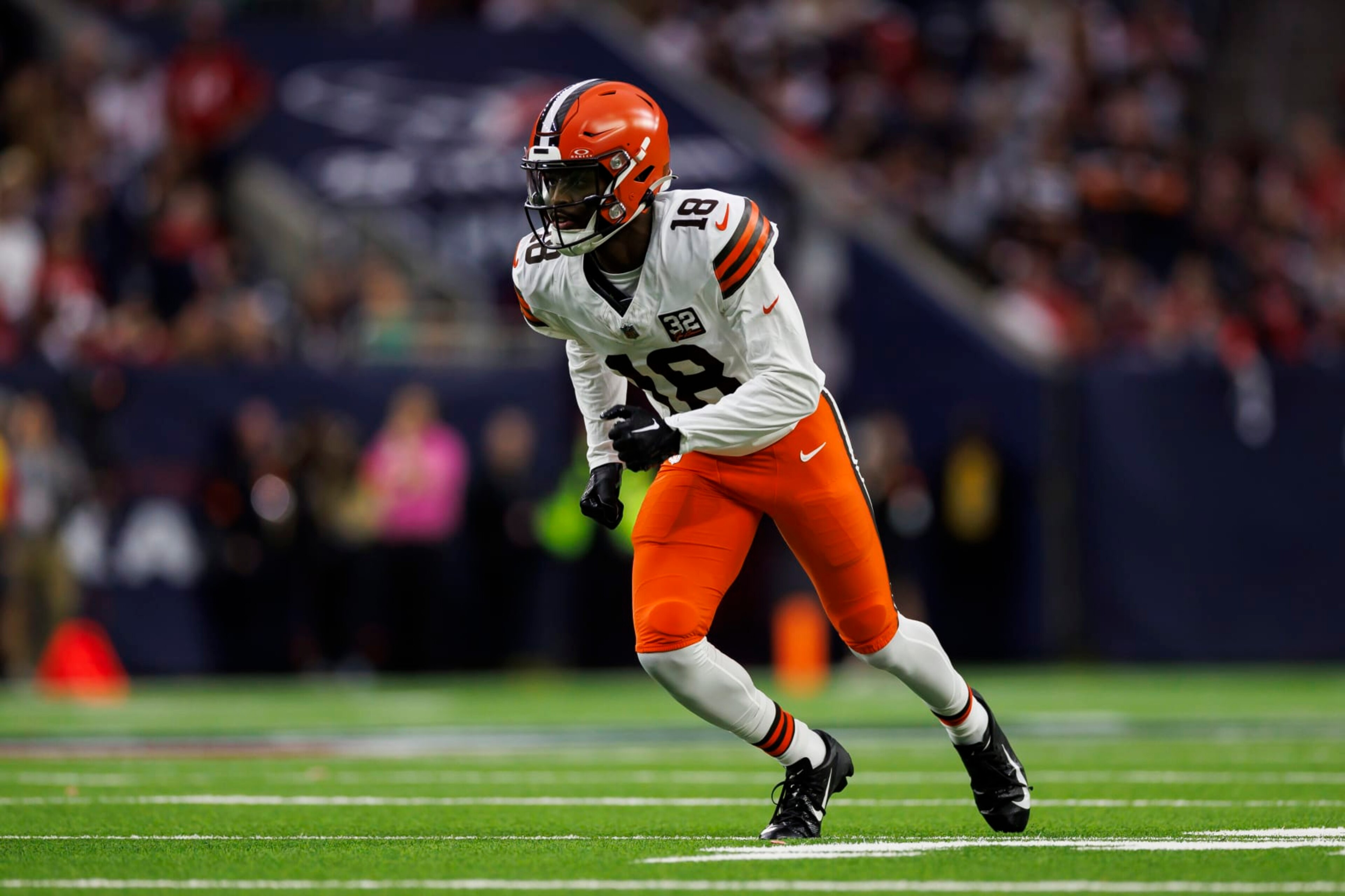 HOUSTON, TEXAS - JANUARY 13: David Bell #18 of the Cleveland Browns runs a route during an AFC wild-card playoff football game against the Houston Texans at NRG Stadium on January 13, 2024 in Houston, Texas. (Photo by Ryan Kang/Getty Images) HOUSTON, TEXAS - JANUARY 13: David Bell #18 of the Cleveland Browns runs a route during an AFC wild-card playoff football game against the Houston Texans at NRG Stadium on January 13, 2024 in Houston, Texas. (Photo by Ryan Kang/Getty Images)