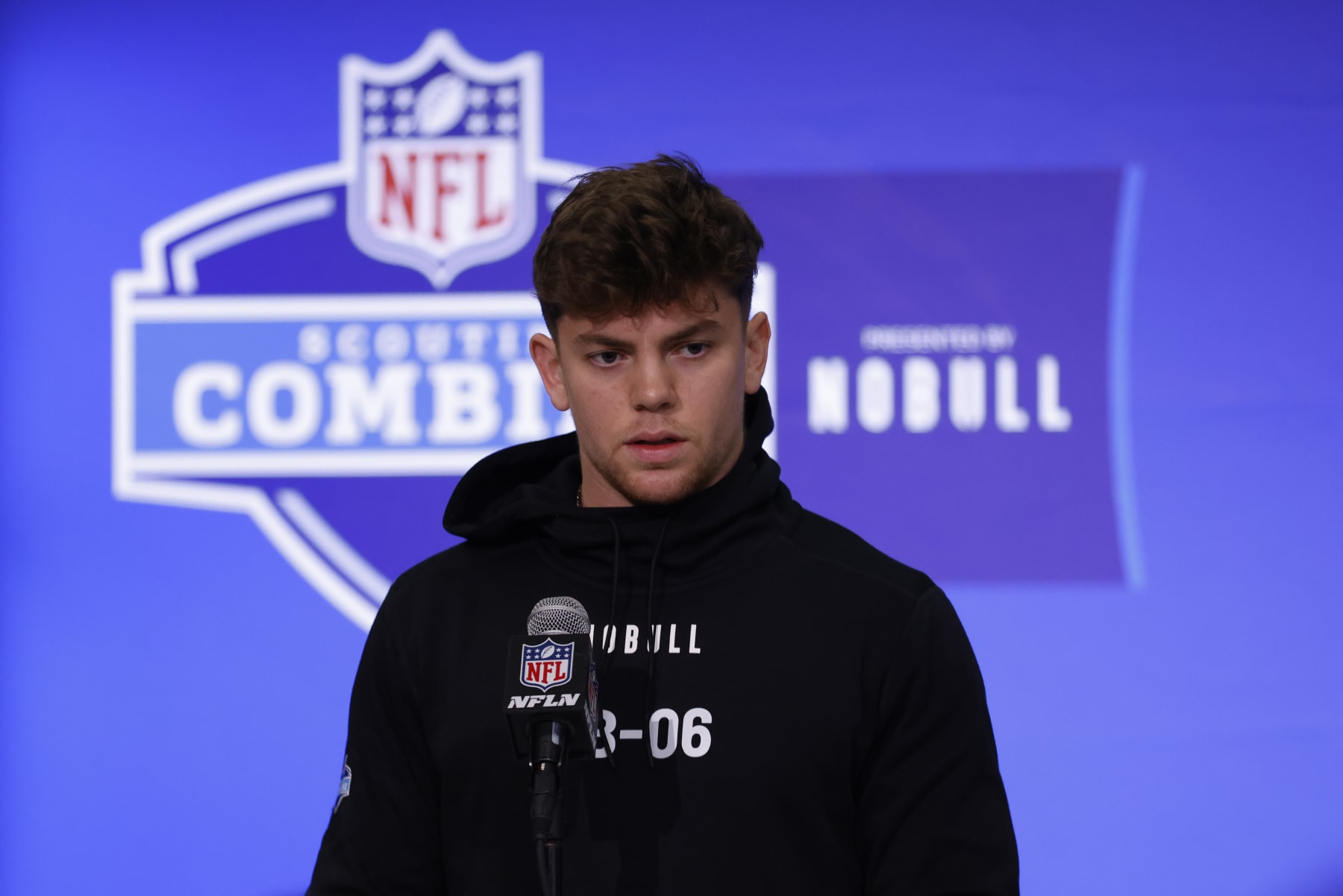 INDIANAPOLIS, INDIANA - FEBRUARY 29: Cooper Dejean #DB06 of the Iowa speaks to the media during the 2024 NFL Combine at the Indiana Convention Center on February 29, 2024 in Indianapolis, Indiana. (Photo by Justin Casterline/Getty Images)