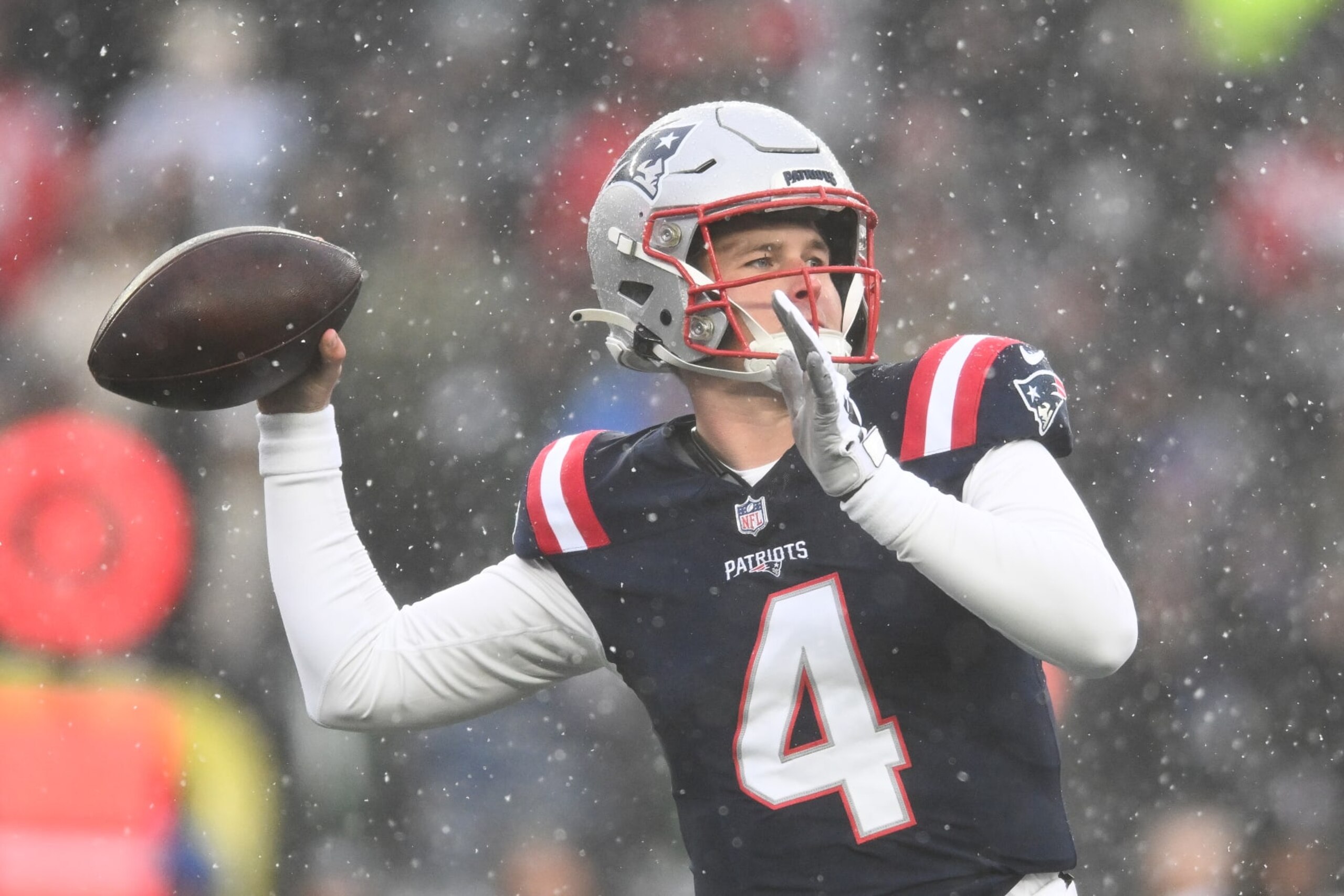 FOXBOROUGH, MA - JANUARY 7: Bailey Zappe #4 of the New England Patriots looks to throw the football during the first half against the New York Jets at Gillette Stadium on January 7, 2024 in Foxborough, Massachusetts. (Photo by Kathryn Riley/Getty Images) FOXBOROUGH, MA - JANUARY 7: Bailey Zappe #4 of the New England Patriots looks to throw the football during the first half against the New York Jets at Gillette Stadium on January 7, 2024 in Foxborough, Massachusetts. (Photo by Kathryn Riley/Getty Images)