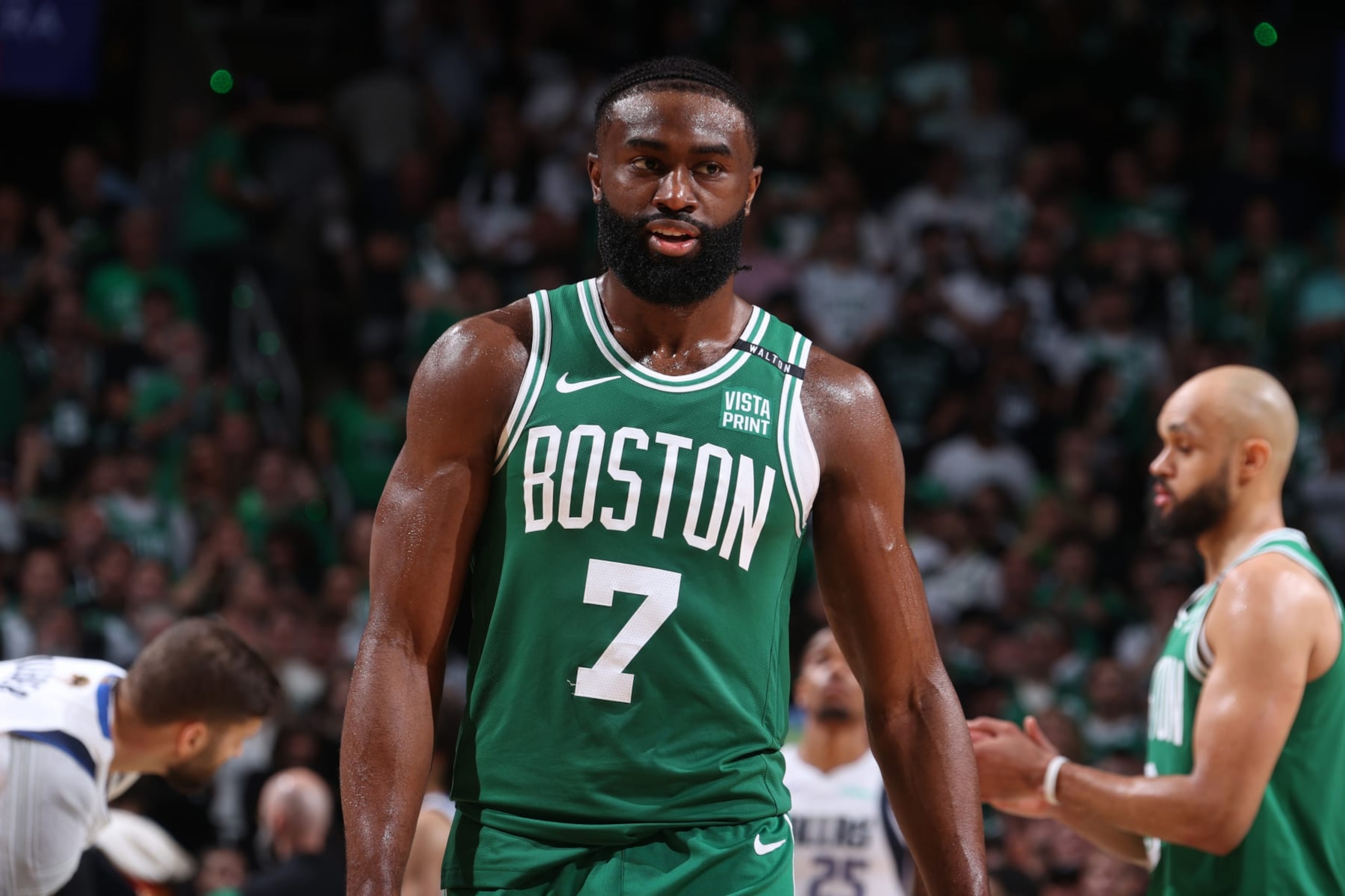 BOSTON, MA - JUNE 17: Jaylen Brown #7 of the Boston Celtics looks on during the game against the Dallas Mavericks during Game 5 of the 2024 NBA Finals on June 17, 2024 at the TD Garden in Boston, Massachusetts. NOTE TO USER: User expressly acknowledges and agrees that, by downloading and or using this photograph, User is consenting to the terms and conditions of the Getty Images License Agreement. Mandatory Copyright Notice: Copyright 2024 NBAE  (Photo by Nathaniel S. Butler/NBAE via Getty Images)