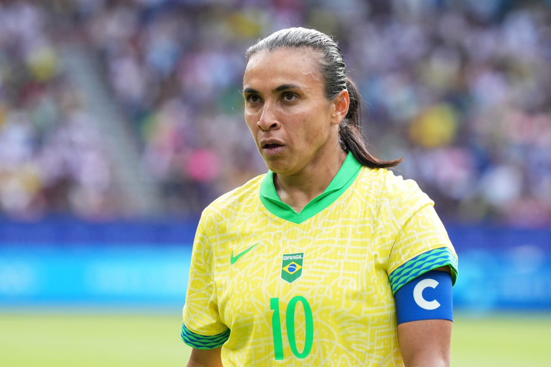 PARIS, FRANCE - JULY 28: Marta of Brazil in action during the Women's group C match between Brazil and Japan during the Olympic Games Paris 2024 at Parc des Princes on July 28, 2024 in Paris, France. (Photo by Koji Watanabe/Getty Images)