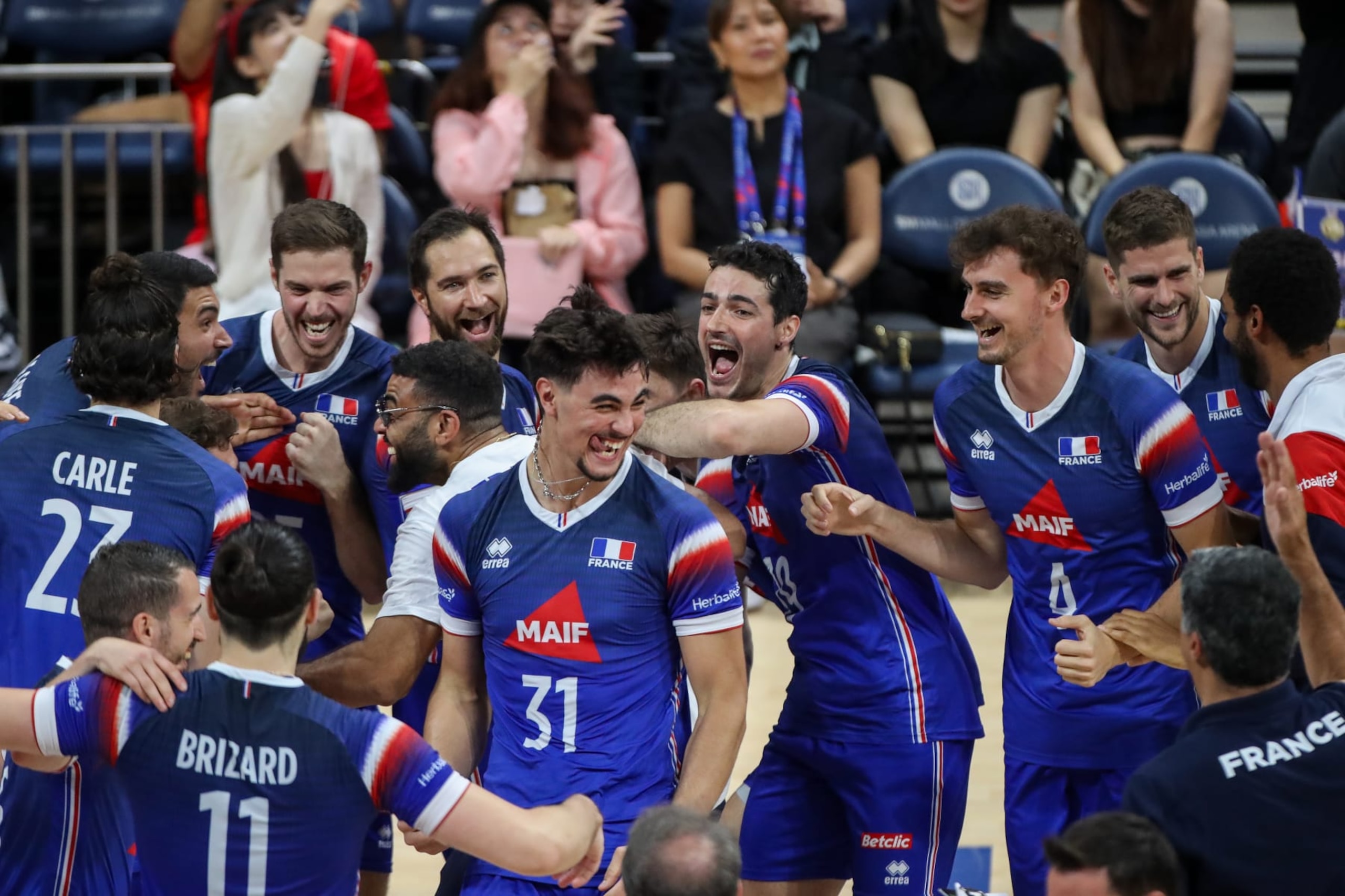PASAY, LUZON, PHILIPPINES - JUNE 23: France celebrate after their win over Brazil during the FIVB Men's Nations League game between France and Brazil at SM Mall of Asia Arena on June 23, 2024 in Pasay, Luzon, Philippines. (Photo by Mark Fredesjed Cristino/Getty Images)