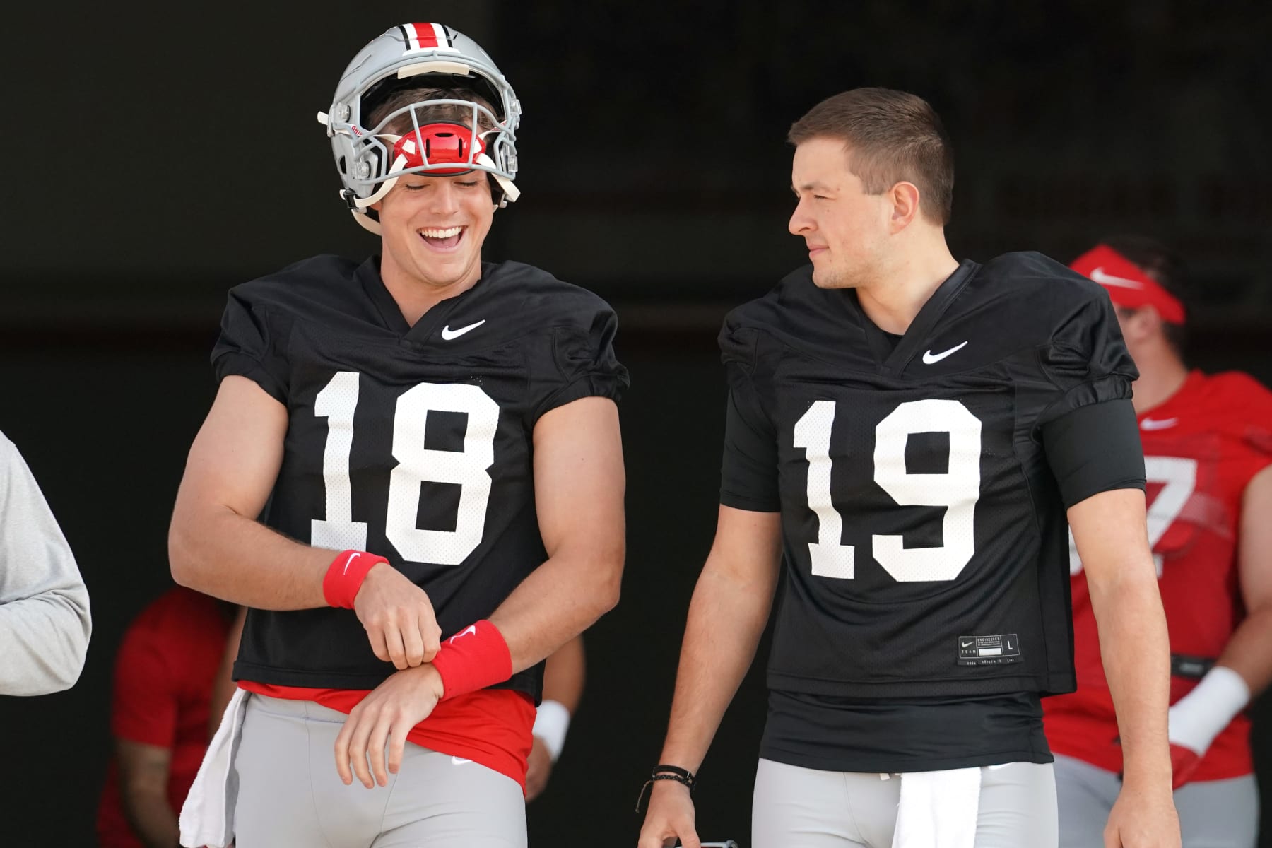 COLUMBUS, OHIO - AUGUST 01: Will Howard#18 and Chad Ray #19 of the Ohio State Buckeyes take the field for the start of fall camp at the Woody Hayes Athletic Center on August 01, 2024 in Columbus, Ohio. (Photo by Jason Mowry/Getty Images)