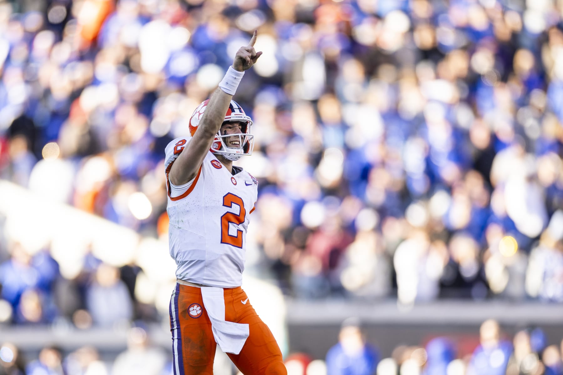 JACKSONVILLE, FLORIDA - DECEMBER 29: Cade Klubnik #2 of the Clemson Tigers celebrates a touchdown during the second half of the TaxSlayer Gator Bowl against the Kentucky Wildcats at EverBank Stadium on December 29, 2023 in Jacksonville, Florida. (Photo by James Gilbert/Getty Images)