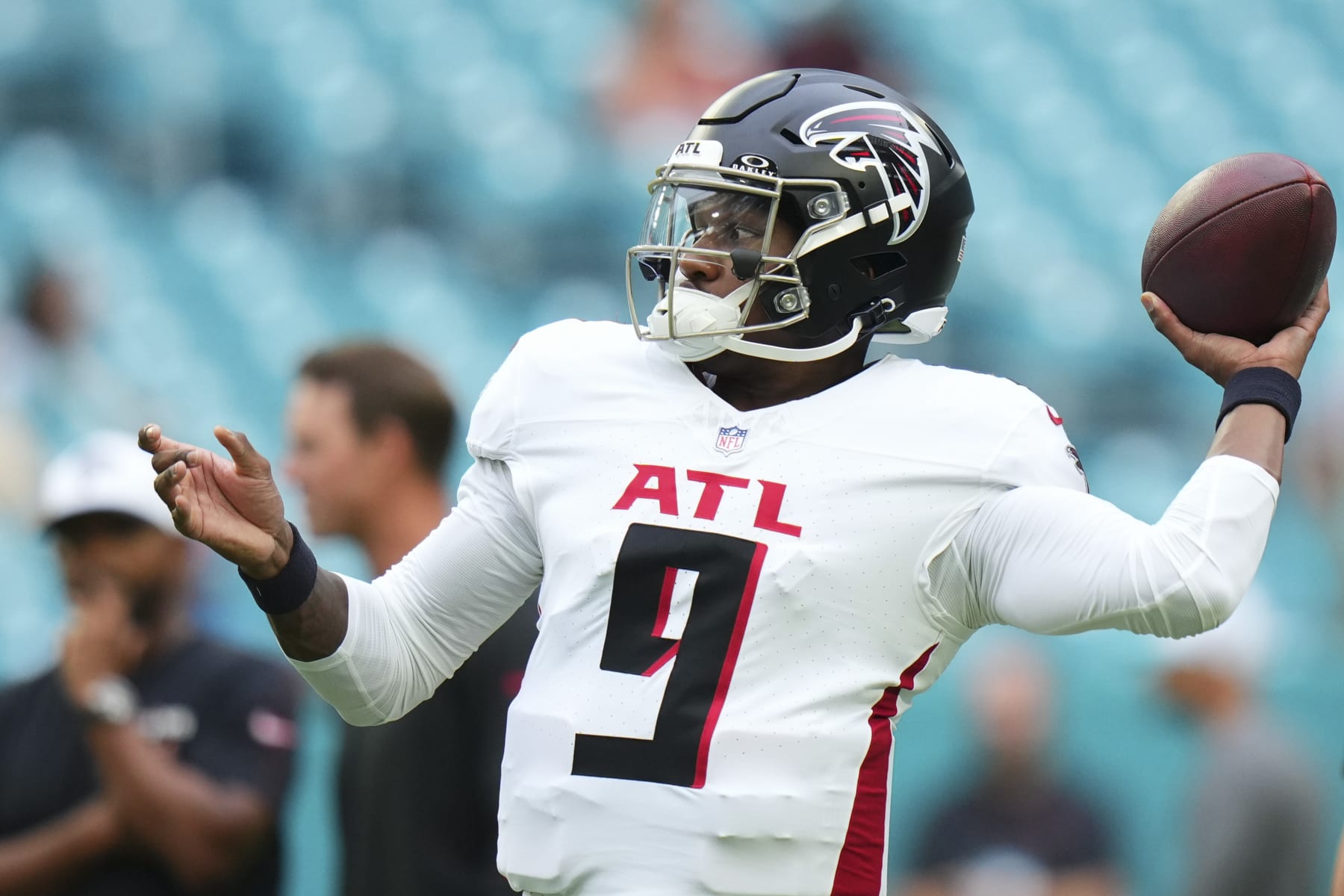MIAMI GARDENS, FLORIDA - AUGUST 09: Michael Penix Jr. #9 of the Atlanta Falcons warms up prior to a preseason game against the Miami Dolphins at Hard Rock Stadium on August 09, 2024 in Miami Gardens, Florida. (Photo by Rich Storry/Getty Images)