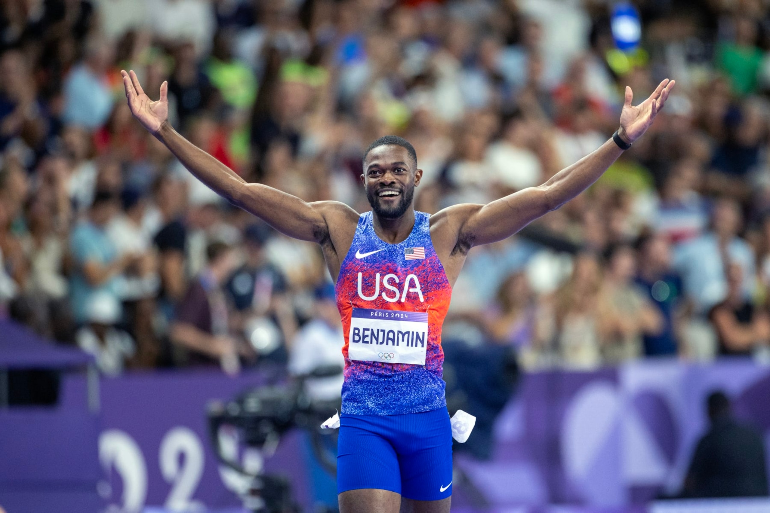 PARIS, FRANCE: AUGUST 09:  Rai Benjamin of the United States celebrates his gold medal victory in the  Men's 400m Hurdles Final during the Athletics Competition at the Stade de France during the Paris 2024 Summer Olympic Games on August 9th, 2024, in Paris, France. (Photo by Tim Clayton/Corbis via Getty Images)