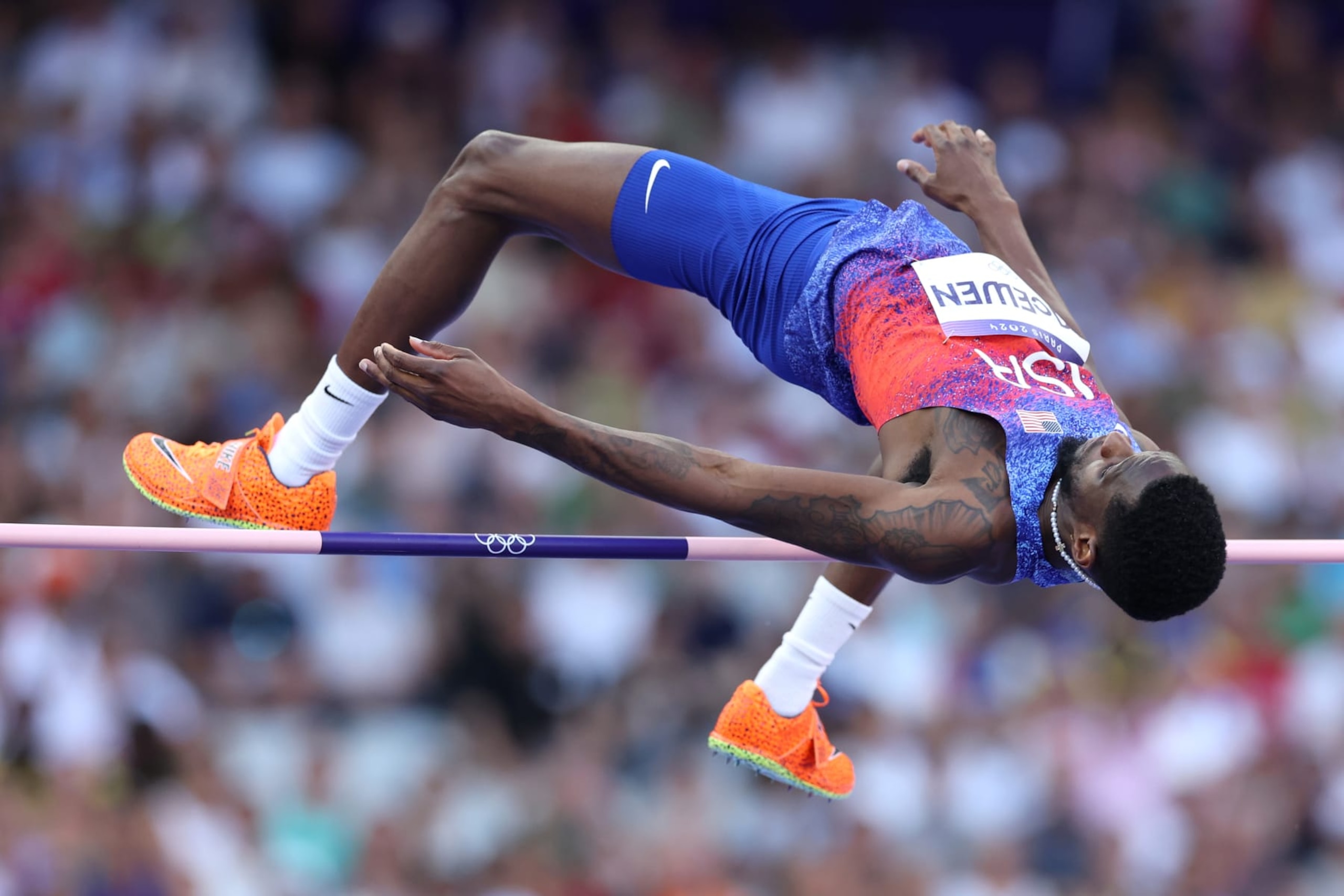 PARIS, FRANCE - AUGUST 10: Shelby McEwen of Team United States competes in the Men's High Jump Final on day fifteen of the Olympic Games Paris 2024 at Stade de France on August 10, 2024 in Paris, France. (Photo by Christian Petersen/Getty Images) PARIS, FRANCE - AUGUST 10: Shelby McEwen of Team United States competes in the Men's High Jump Final on day fifteen of the Olympic Games Paris 2024 at Stade de France on August 10, 2024 in Paris, France. (Photo by Christian Petersen/Getty Images)