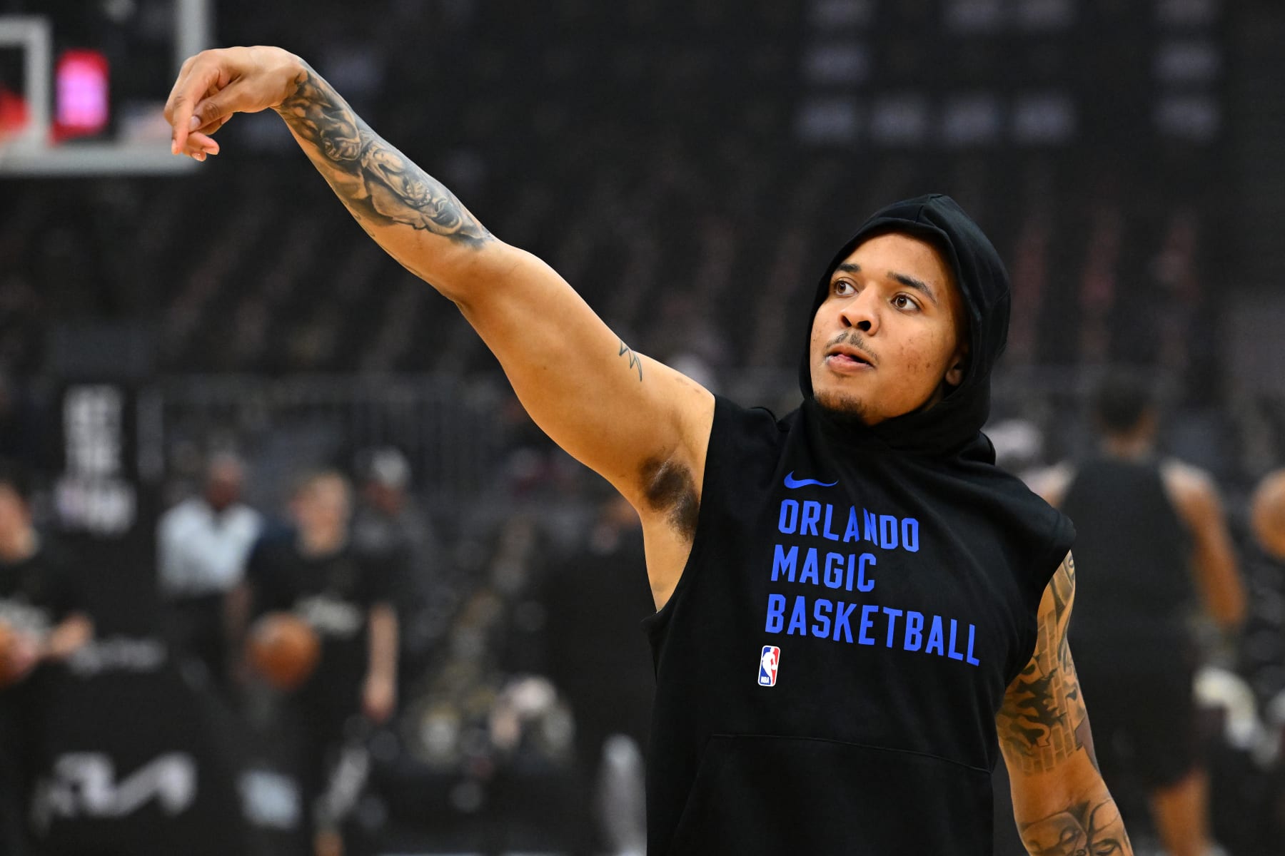 CLEVELAND, OHIO - APRIL 30: Markelle Fultz #20 of the Orlando Magic warms up prior to game five of the Eastern Conference First Round Playoffs Playoffs against the Cleveland Cavaliers at Rocket Mortgage Fieldhouse on April 30, 2024 in Cleveland, Ohio. NOTE TO USER: User expressly acknowledges and agrees that, by downloading and or using this photograph, User is consenting to the terms and conditions of the Getty Images License Agreement.  (Photo by Jason Miller/Getty Images)