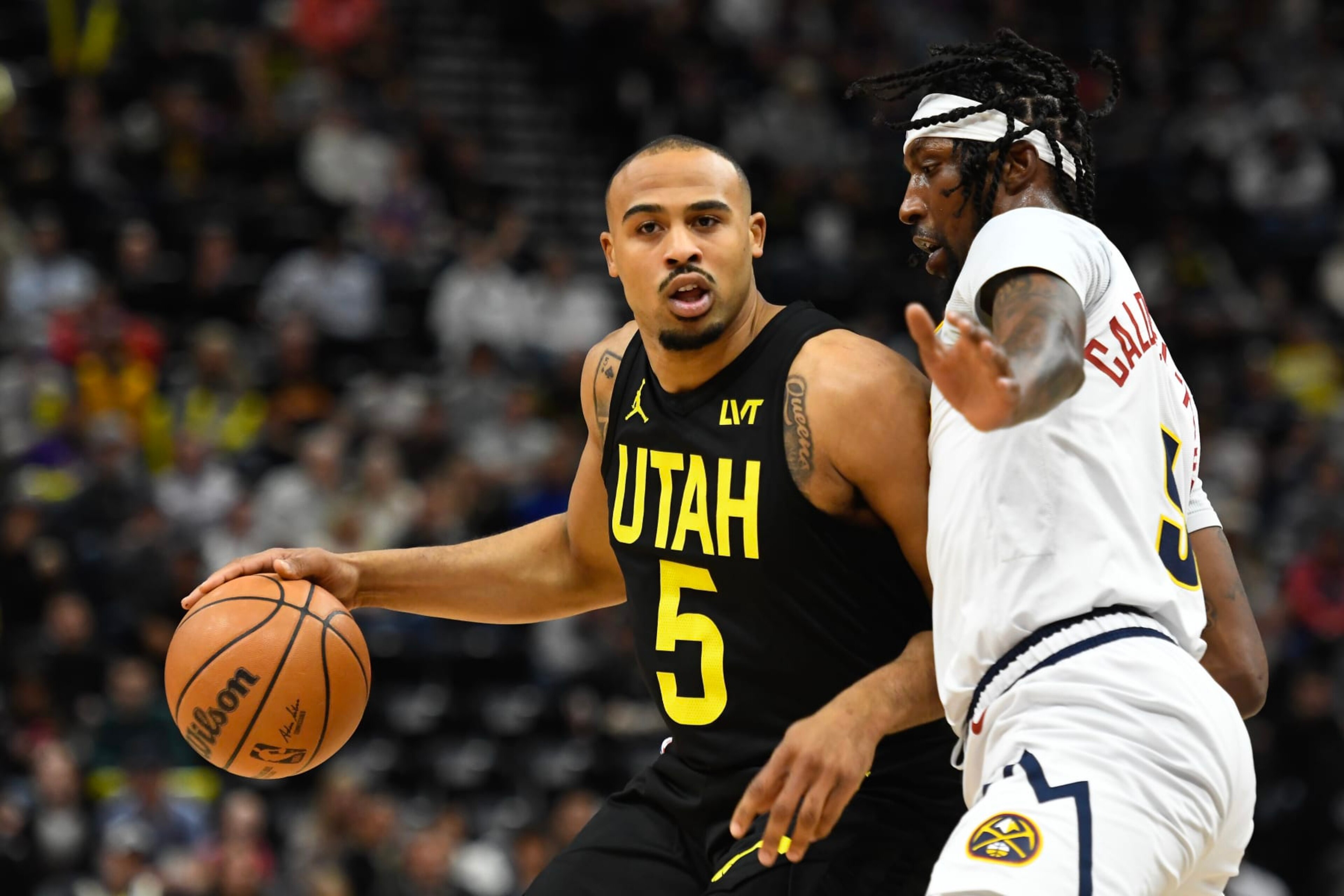 SALT LAKE CITY, UTAH - APRIL 09: Talen Horton-Tucker #5 of the Utah Jazz posts up against Kentavious Caldwell-Pope #5 of the Denver Nuggets in the first half at Delta Center on April 09, 2024 in Salt Lake City, Utah. NOTE TO USER: User expressly acknowledges and agrees that, by downloading and or using this photograph, User is consenting to the terms and conditions of the Getty Images License Agreement. (Photo by Alex Goodlett/Getty Images) SALT LAKE CITY, UTAH - APRIL 09: Talen Horton-Tucker #5 of the Utah Jazz posts up against Kentavious Caldwell-Pope #5 of the Denver Nuggets in the first half at Delta Center on April 09, 2024 in Salt Lake City, Utah. NOTE TO USER: User expressly acknowledges and agrees that, by downloading and or using this photograph, User is consenting to the terms and conditions of the Getty Images License Agreement. (Photo by Alex Goodlett/Getty Images)