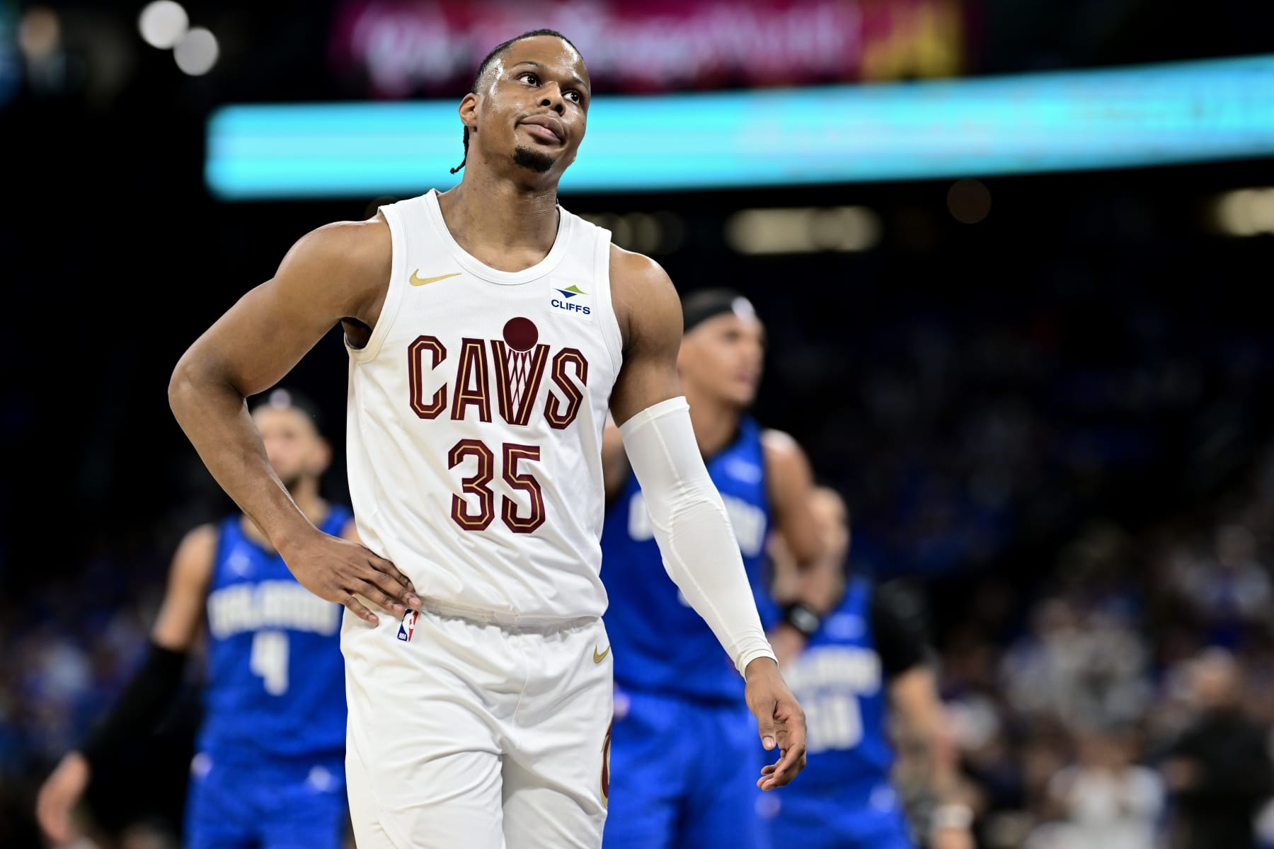 ORLANDO, FLORIDA - MAY 03: Isaac Okoro #35 of the Cleveland Cavaliers reacts against the Orlando Magic during the second quarter in Game Six of the Eastern Conference First Round Playoffs at Kia Center on May 03, 2024 in Orlando, Florida. NOTE TO USER: User expressly acknowledges and agrees that, by downloading and/or using this Photograph, user is consenting to the terms and conditions of the Getty Images License Agreement.  (Photo by Julio Aguilar/Getty Images)