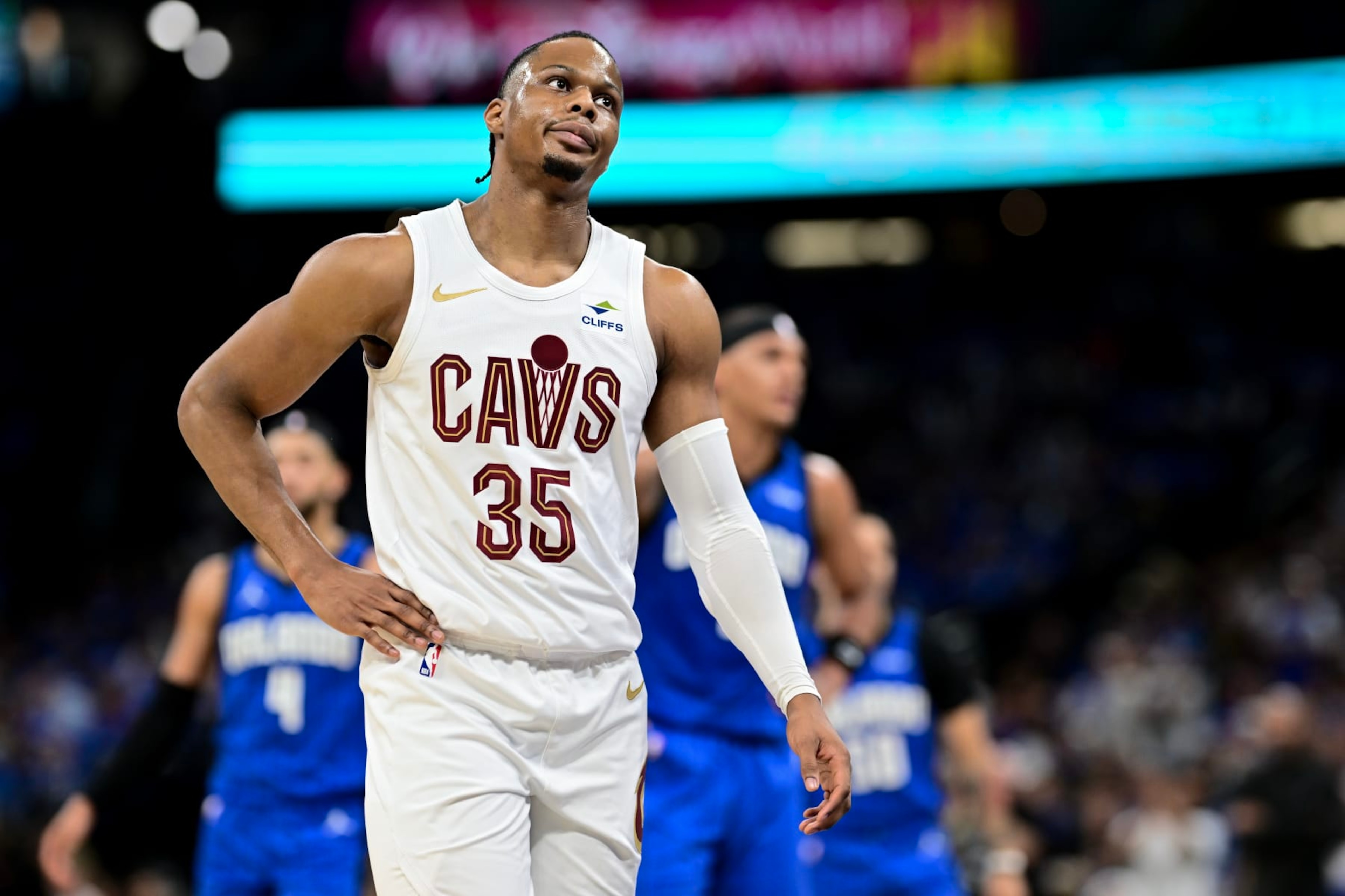 ORLANDO, FLORIDA - MAY 03: Isaac Okoro #35 of the Cleveland Cavaliers reacts against the Orlando Magic during the second quarter in Game Six of the Eastern Conference First Round Playoffs at Kia Center on May 03, 2024 in Orlando, Florida. NOTE TO USER: User expressly acknowledges and agrees that, by downloading and/or using this Photograph, user is consenting to the terms and conditions of the Getty Images License Agreement. (Photo by Julio Aguilar/Getty Images) ORLANDO, FLORIDA - MAY 03: Isaac Okoro #35 of the Cleveland Cavaliers reacts against the Orlando Magic during the second quarter in Game Six of the Eastern Conference First Round Playoffs at Kia Center on May 03, 2024 in Orlando, Florida. NOTE TO USER: User expressly acknowledges and agrees that, by downloading and/or using this Photograph, user is consenting to the terms and conditions of the Getty Images License Agreement. (Photo by Julio Aguilar/Getty Images)